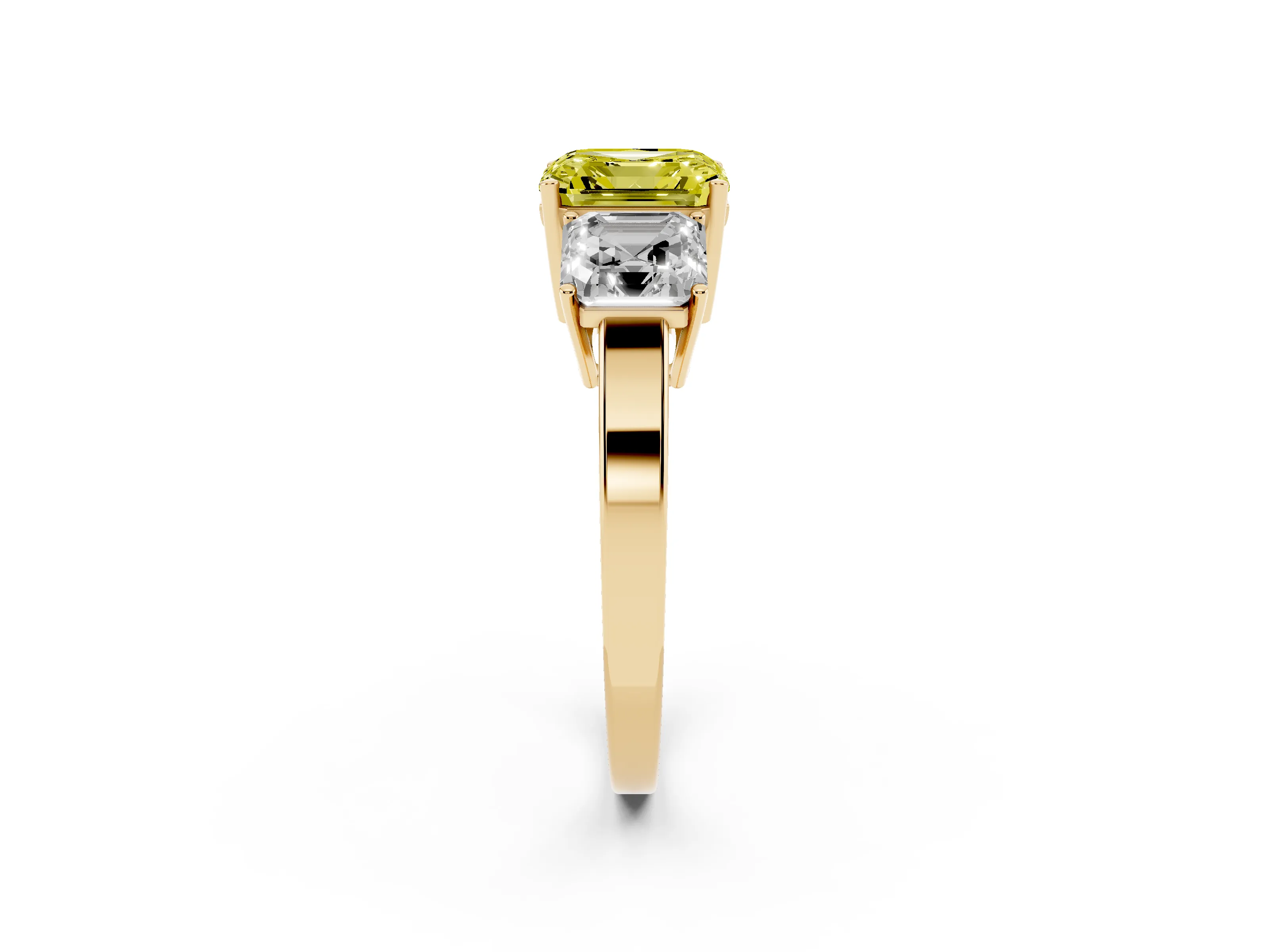 Fancy Yellow Asscher Cut Diamond Three-Stone Engagement Ring Set in Yellow gold with Flat Band