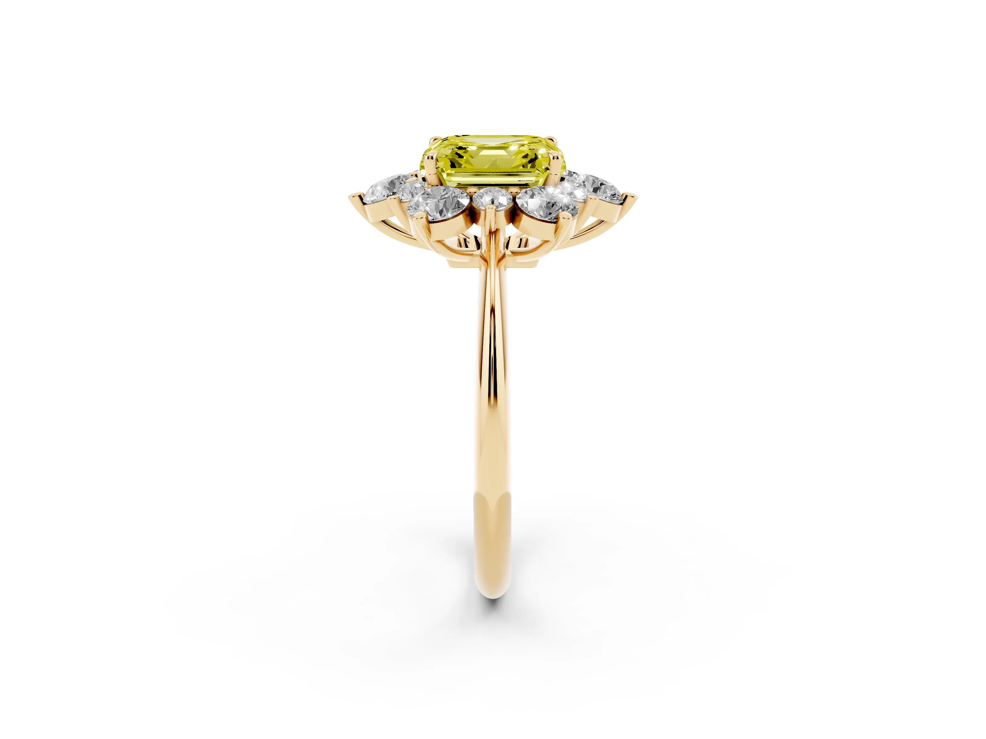 Fancy Yellow Asscher Cut Diamond Cluster Halo Ring Set in Yellow gold with Solitaire Band and Prong Setting