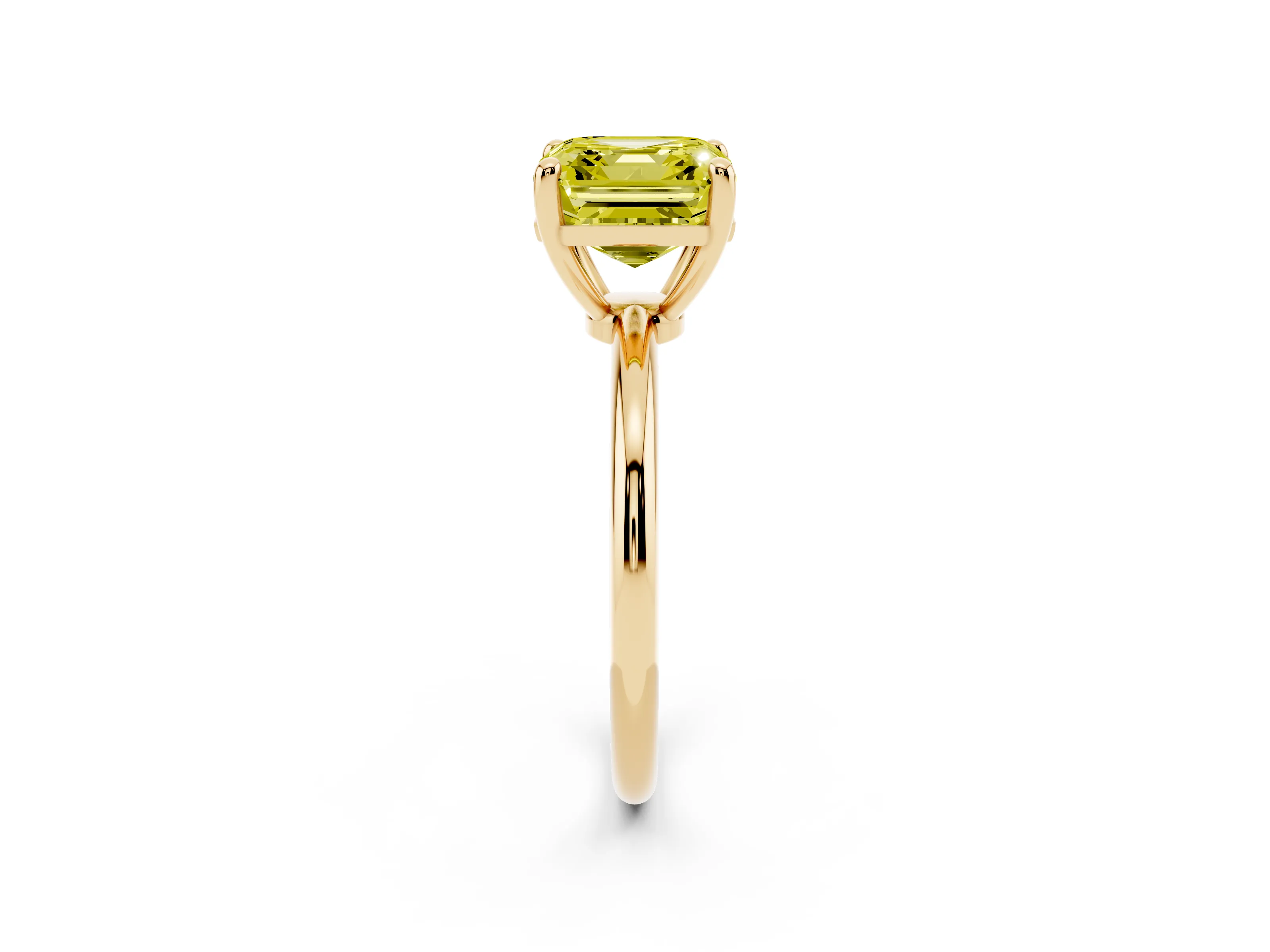 Fancy Yellow Asscher Cut Diamond Solitaire Ring Set in Yellow gold with Secure Prong Setting on a Classic Band