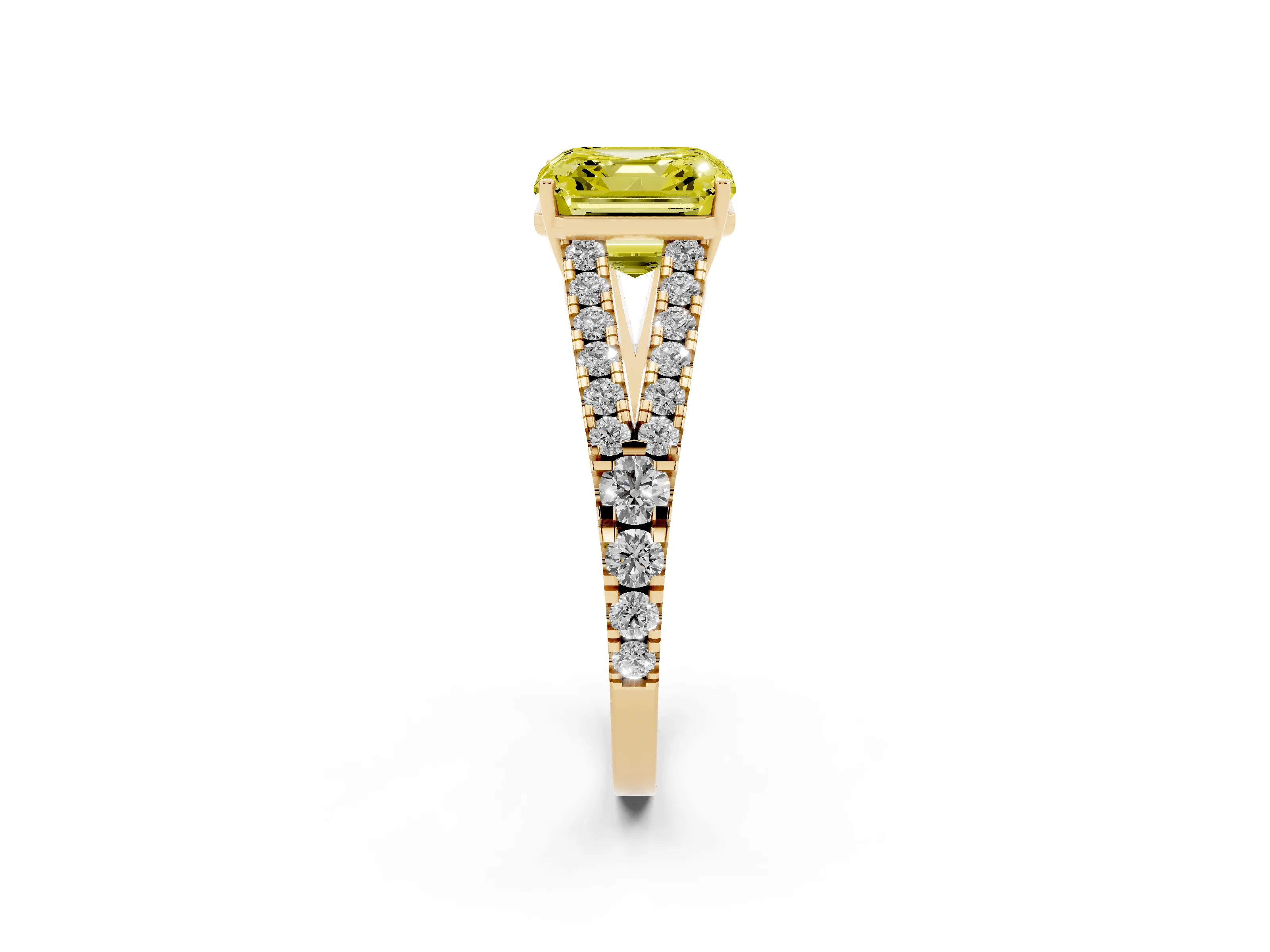 Fancy Yellow Asscher Cut Diamond Split Shank Pavé Engagement Ring Set in Yellow gold with Prong-Held Center Stone