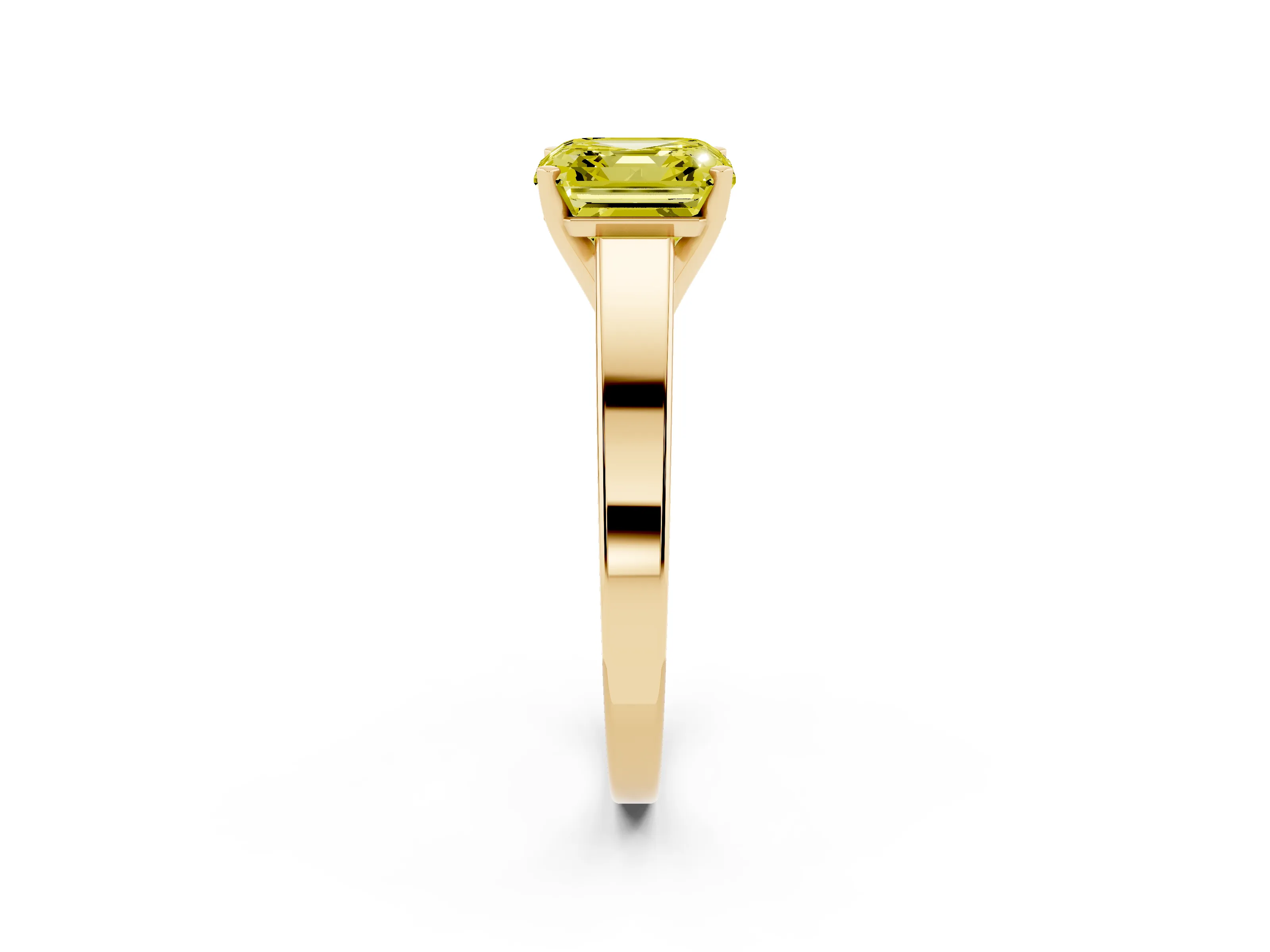 Fancy Yellow Asscher Cut Diamond Solitaire Engagement Ring Set in Yellow gold with Prong Setting and Tapered Band