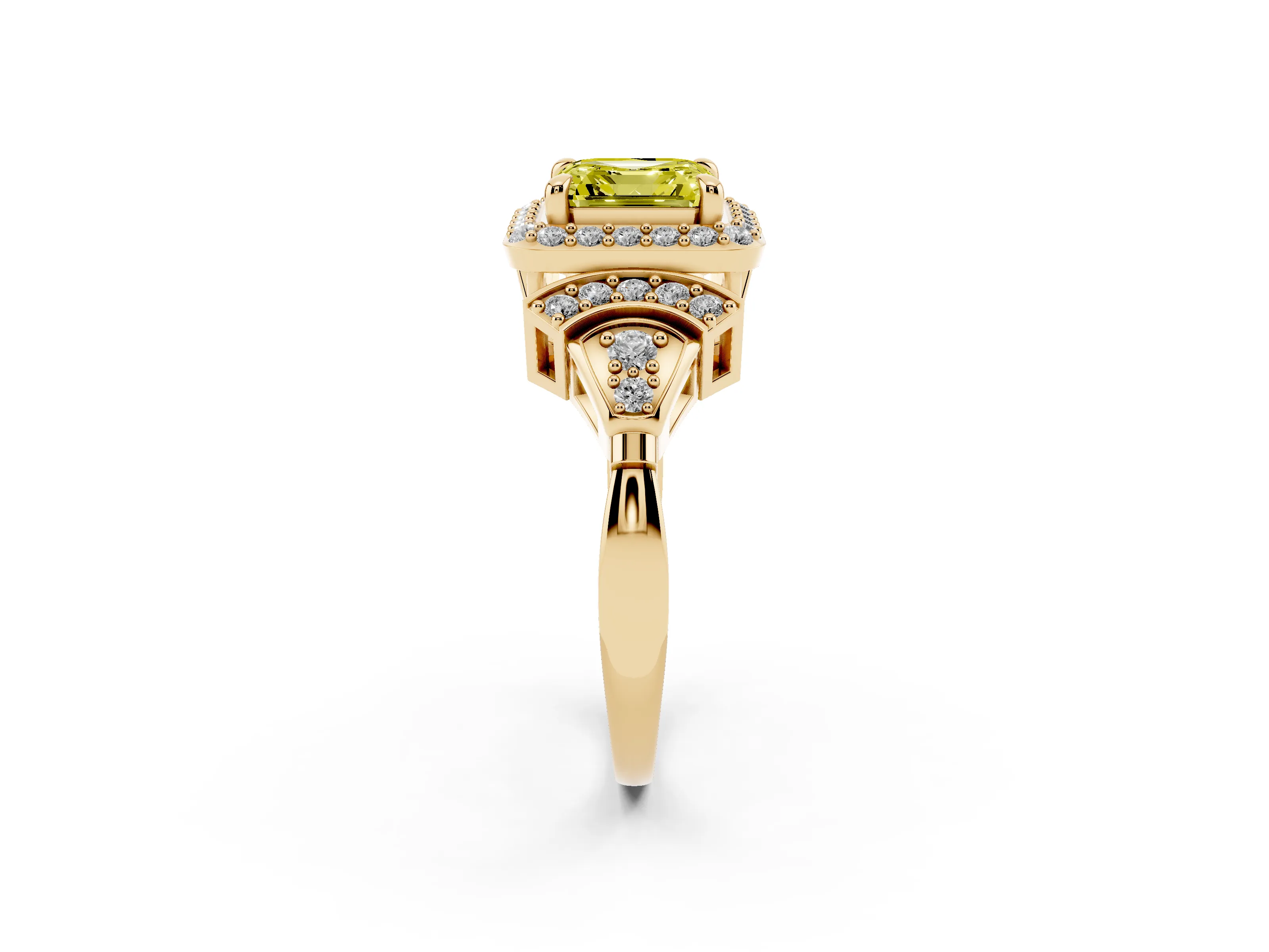 Fancy Yellow Asscher Cut Diamond Halo Engagement Ring Set in Yellow gold with Accent Stone Split Shank