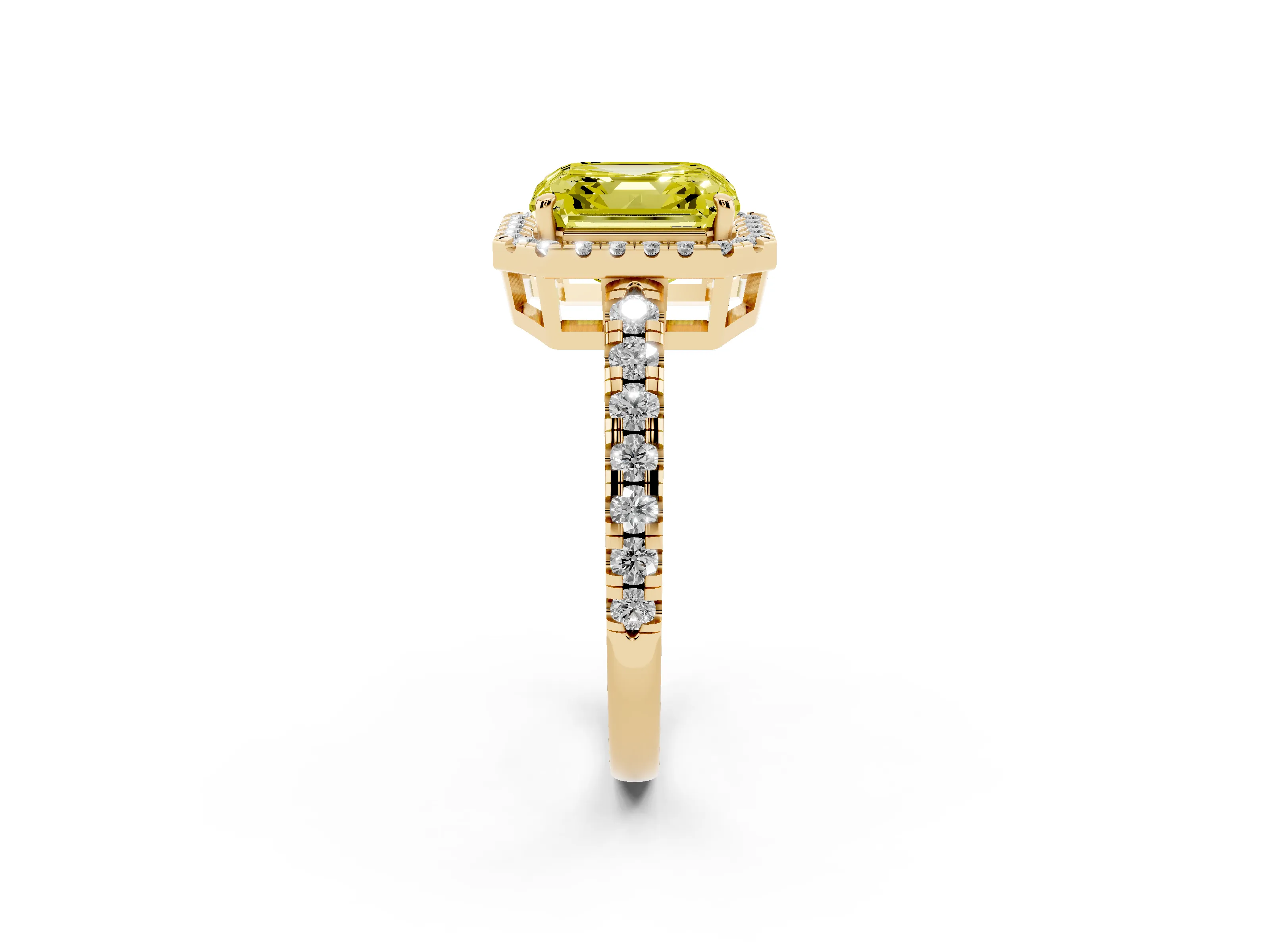 Fancy Yellow Asscher Cut Diamond Halo Ring Set in Yellow gold with Delicate Pavé Band and Prong Setting