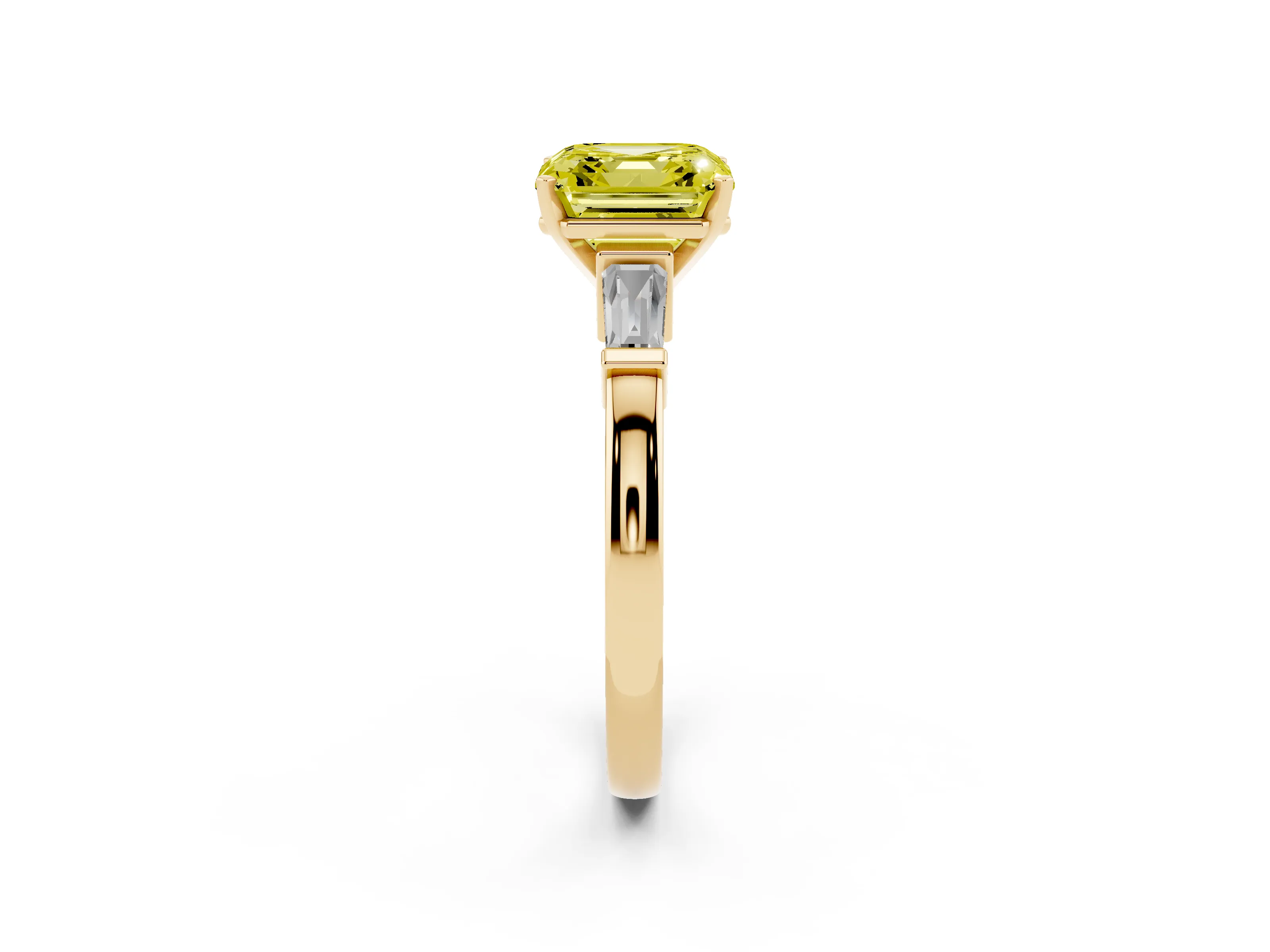 Fancy Yellow Asscher Cut Diamond Solitaire Ring Set in Yellow gold with Tapered Baguette Accents and Prong Setting
