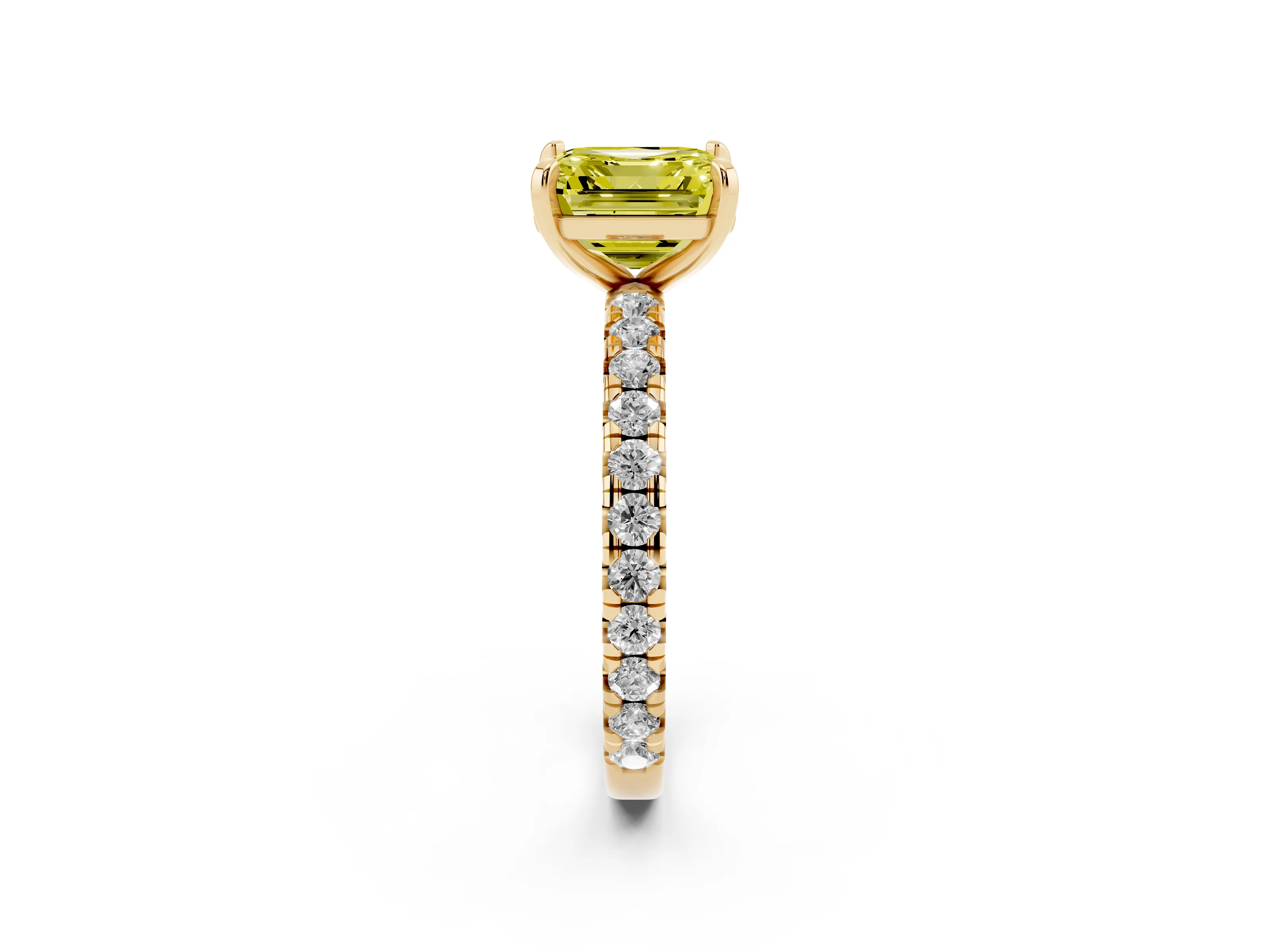 Fancy Yellow Asscher Cut Diamond Pavé Solitaire Ring Set in Yellow gold with Round Band and Prong Setting