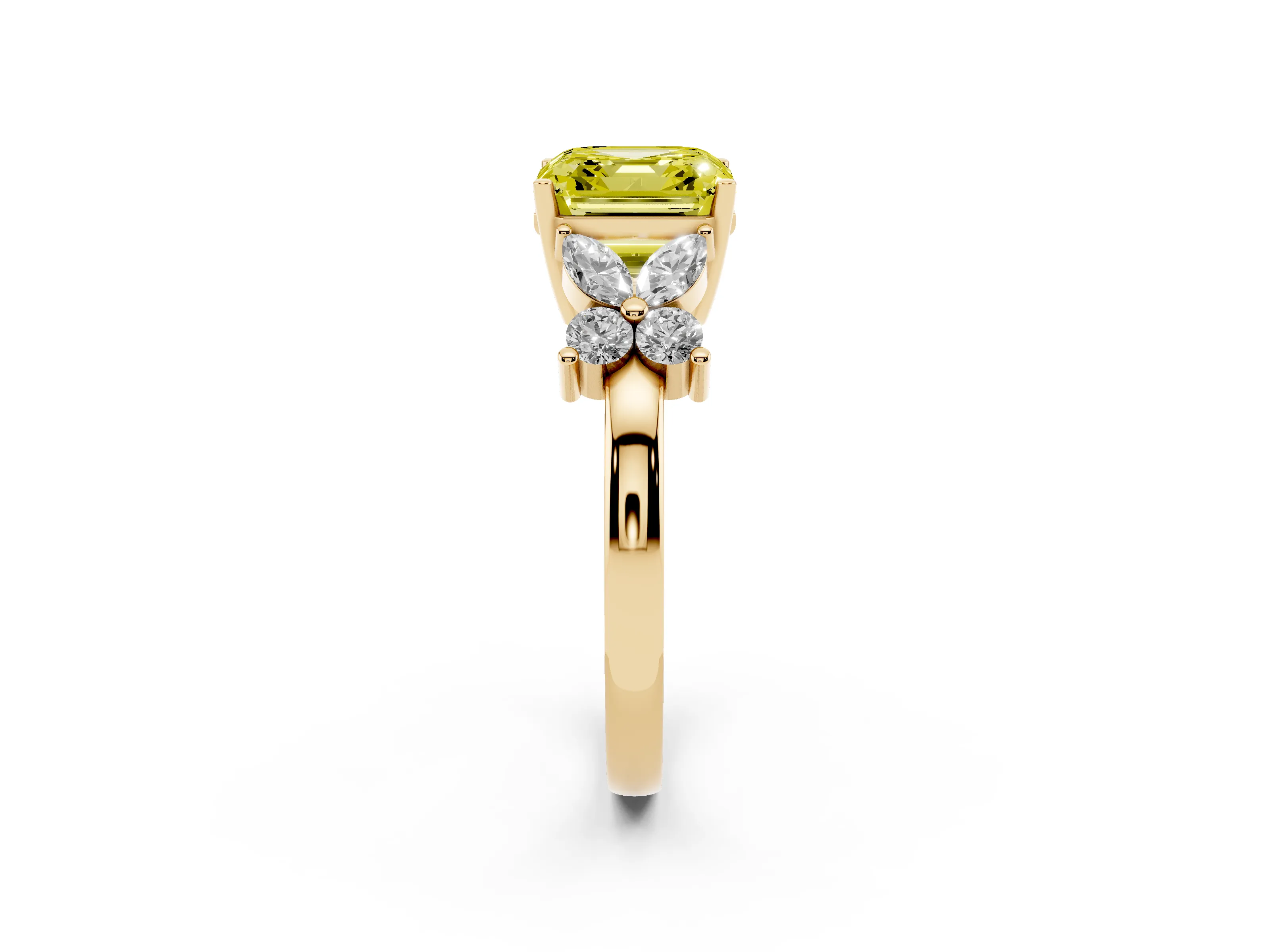 Fancy Yellow Asscher Cut Diamond Floral Cluster Ring Set in Yellow gold with Marquise Petals and Prong Setting