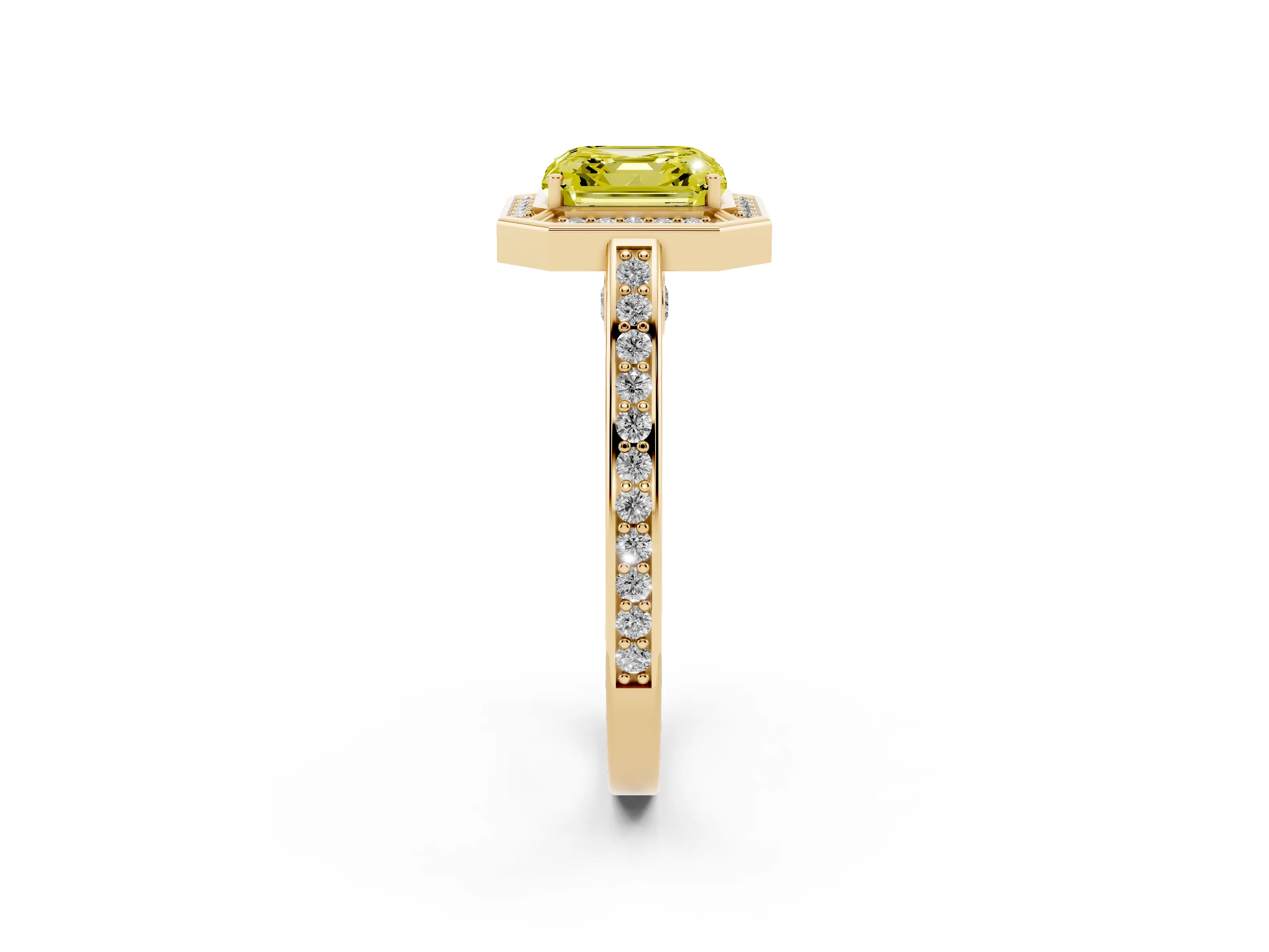 Fancy Yellow Asscher Cut Diamond Halo Pavé Split Shank Ring Set in Yellow gold with Prong Setting