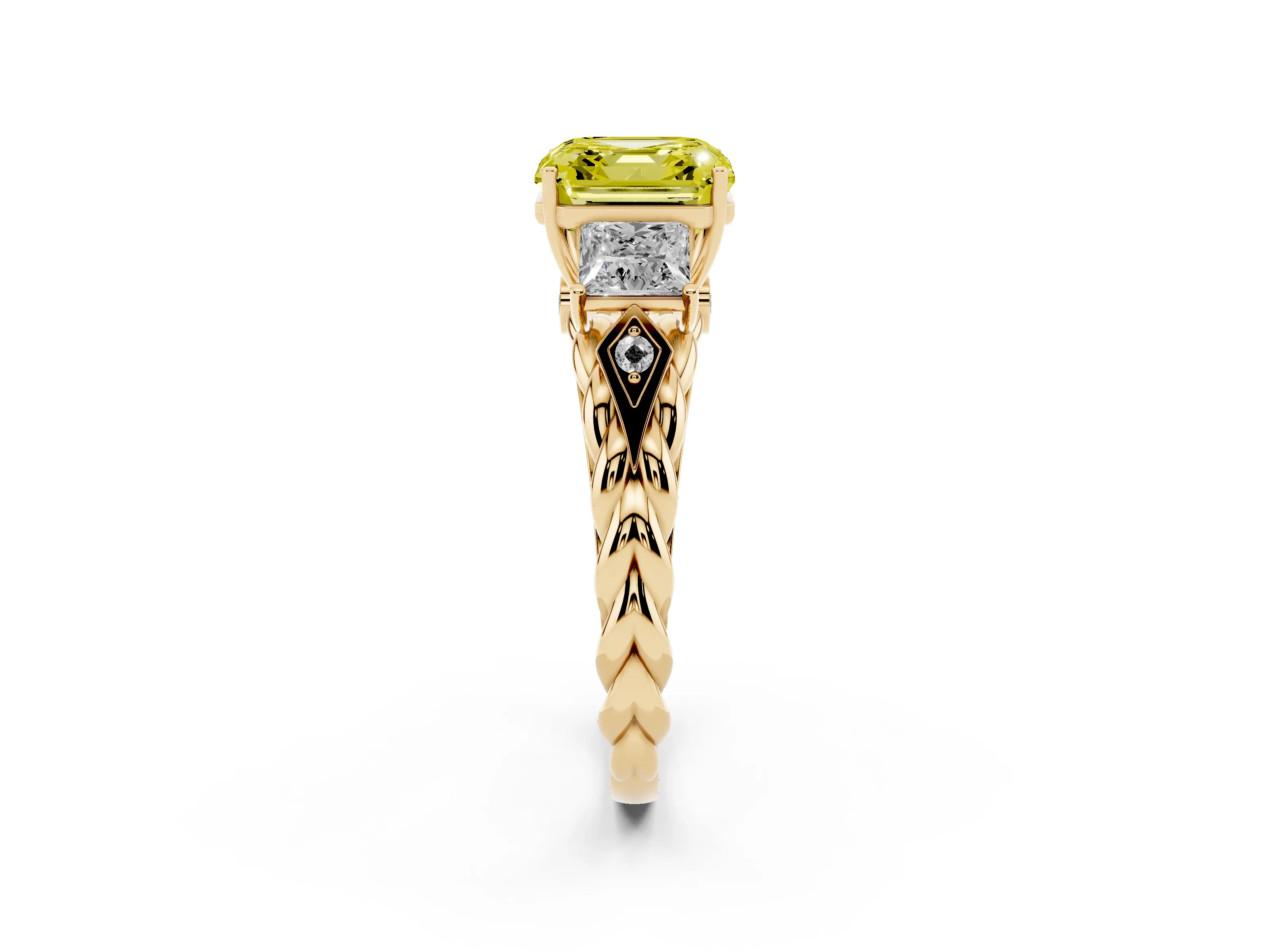 Fancy Yellow Asscher Cut Diamond Three-Stone Ring Set in Yellow gold with Braided Band
