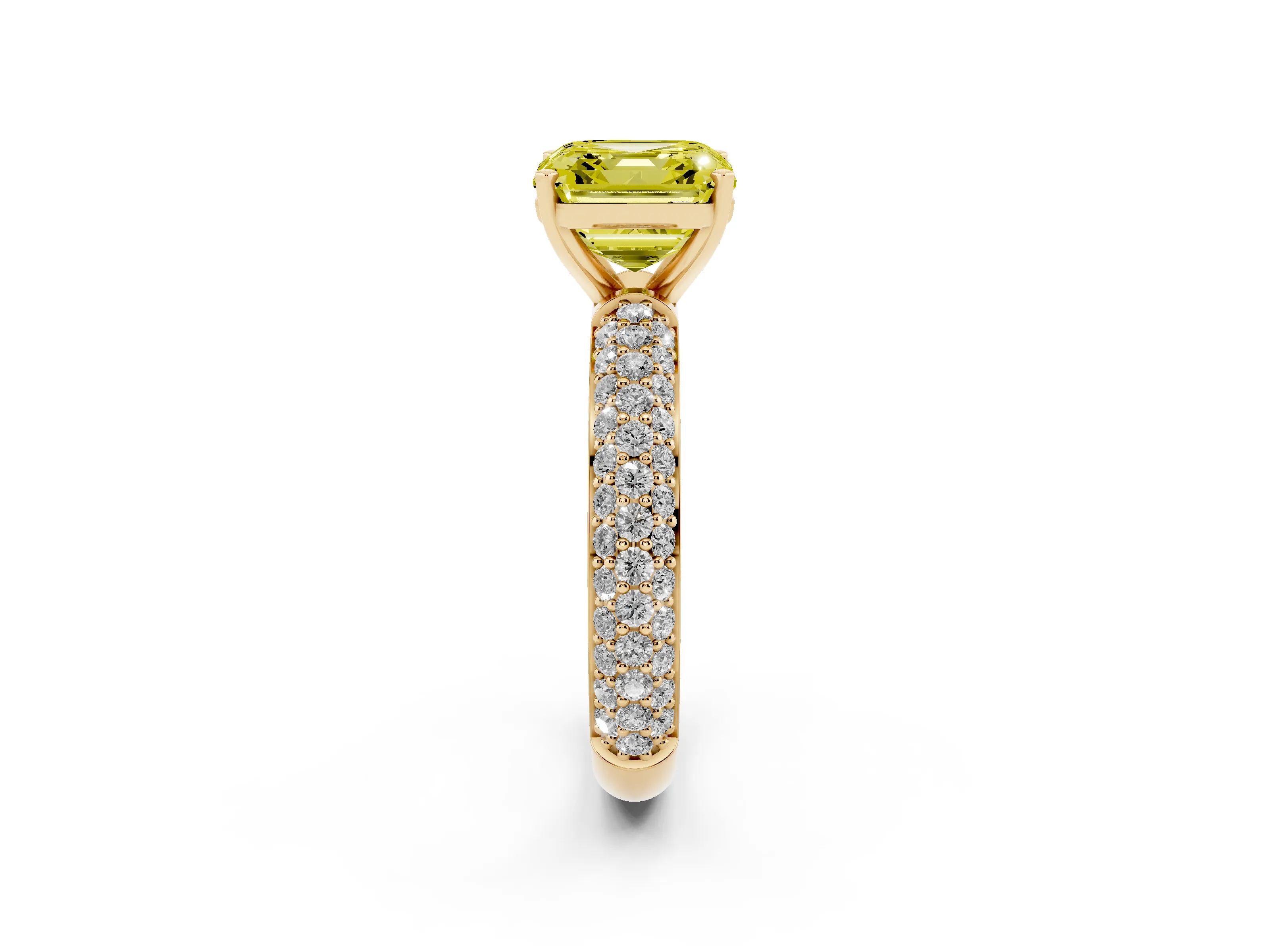 Fancy Yellow Asscher Cut Diamond Solitaire Ring Set in Yellow gold with Prong Setting and Pavé-Set Band