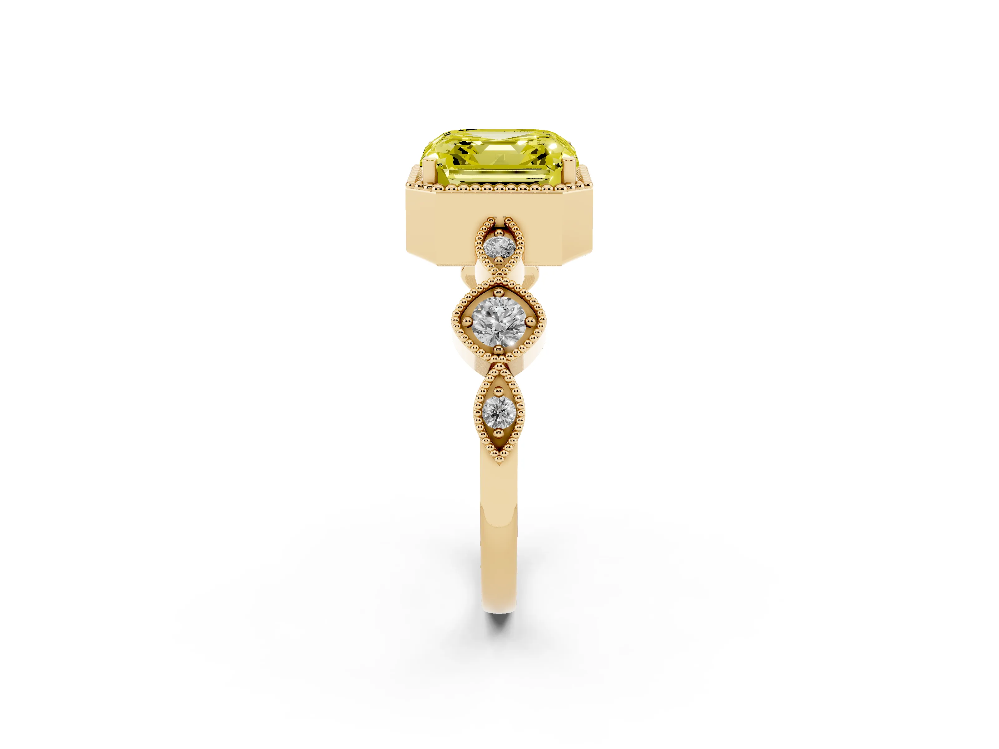 Fancy Yellow Asscher Cut Diamond Vintage-Inspired Milgrain Ring Set in Yellow gold with Marquise Stations of Round Accents