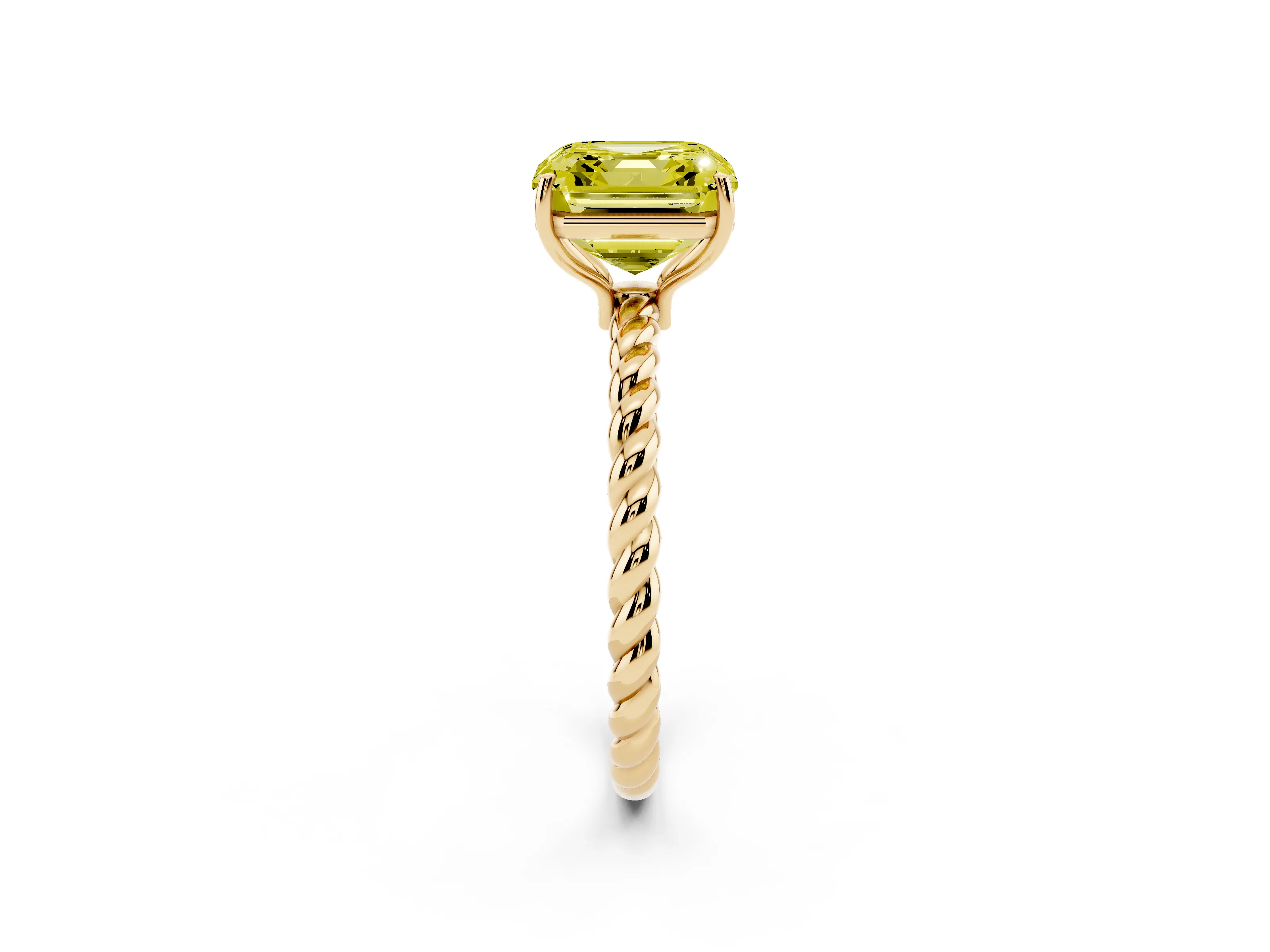 Fancy Yellow Asscher Cut Diamond Solitaire Ring Set in Yellow gold with Twist Band and Prong Setting