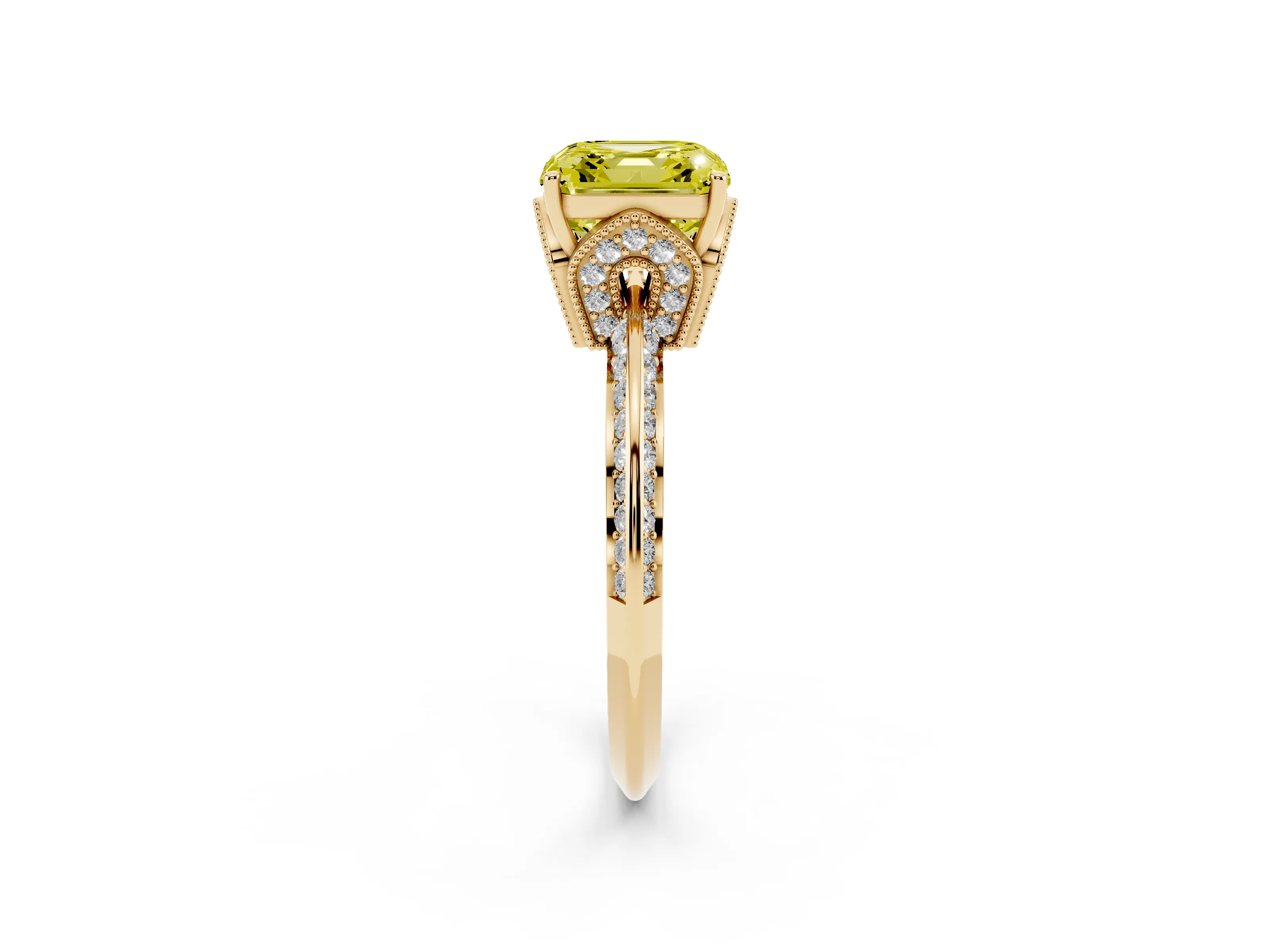 Fancy Yellow Asscher Cut Diamond Solitaire Engagement Ring Set in Yellow gold with Pavé Split Shank and Prong Setting