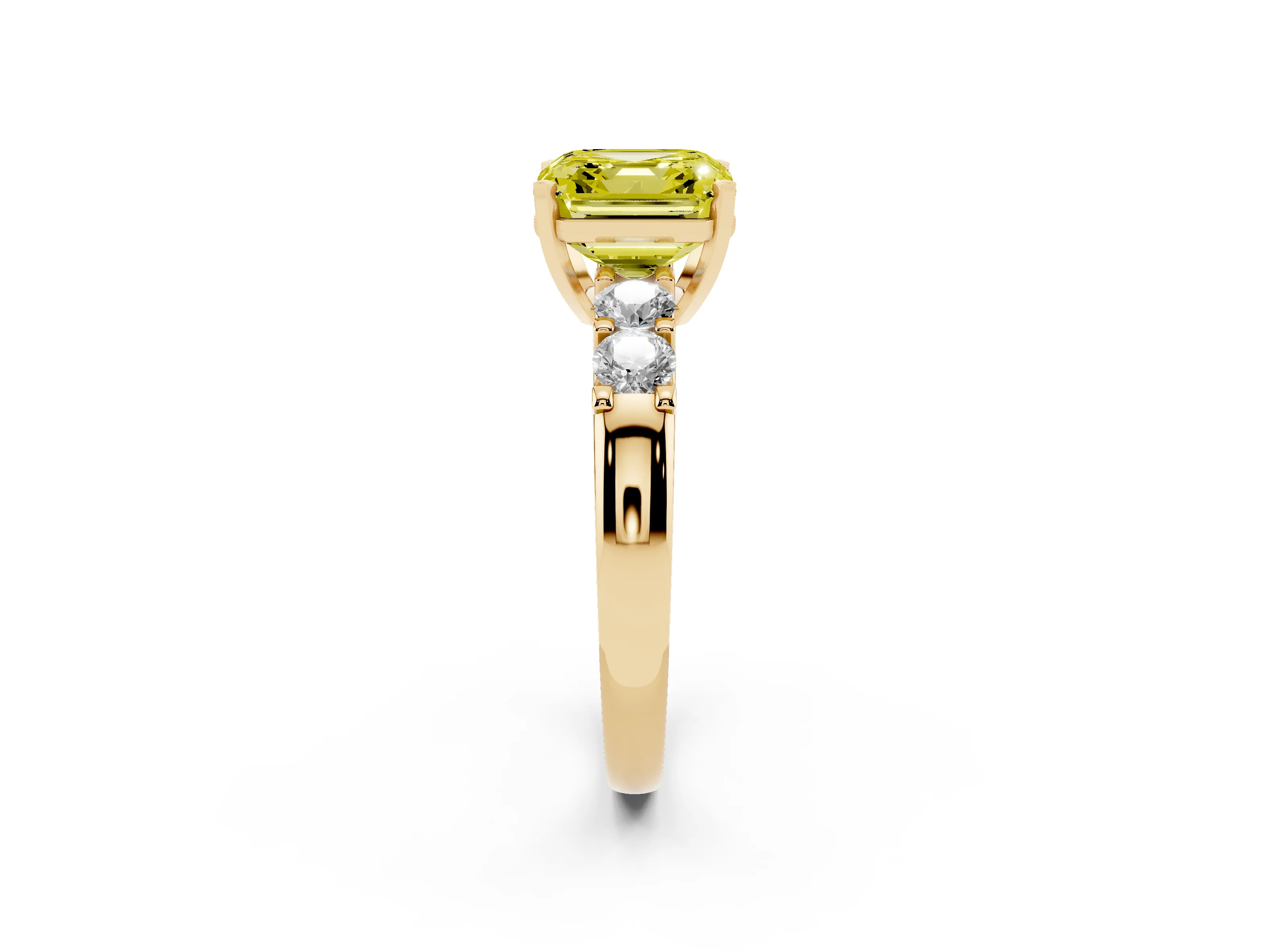 Fancy Yellow Asscher Cut Diamond Five-Stone Prong Set Engagement Ring Set in Yellow gold with Channel Band