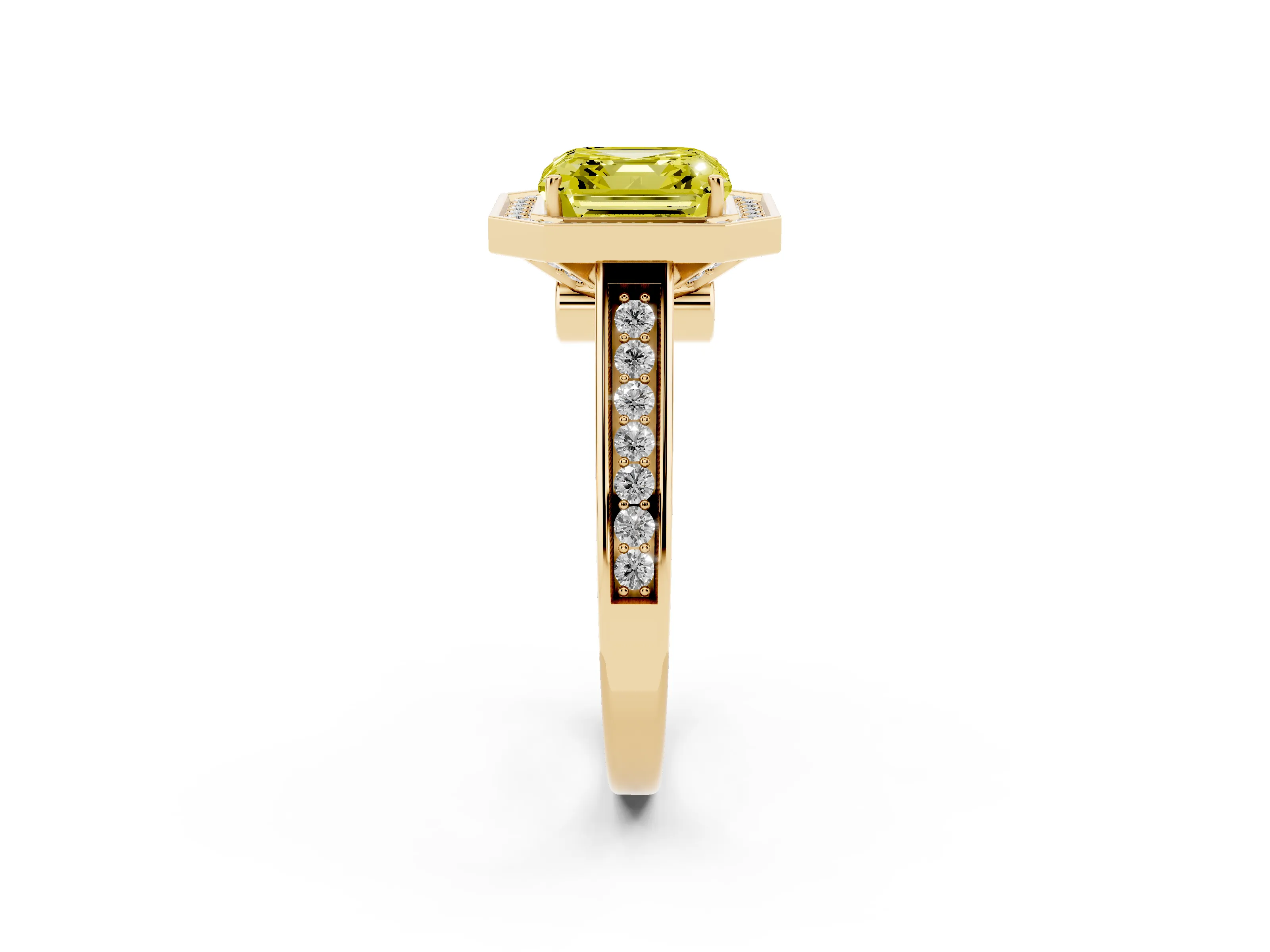 Fancy Yellow Asscher Cut Diamond Halo Solitaire Ring Set in Yellow gold with Pavé Band and Bezel Setting