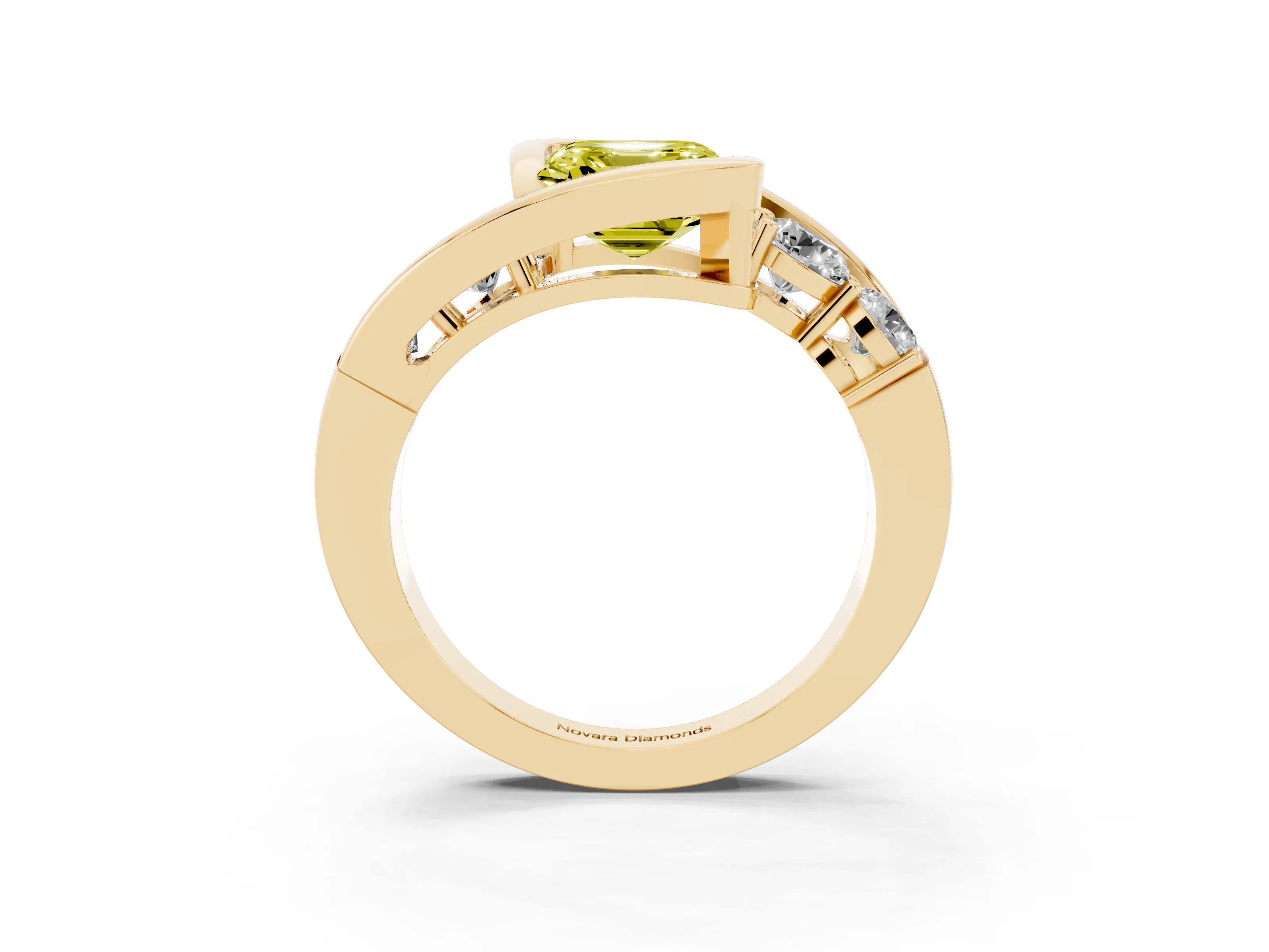 Fancy Yellow Asscher Cut Diamond Bezel Bypass Ring Set in Yellow gold with Round Accents