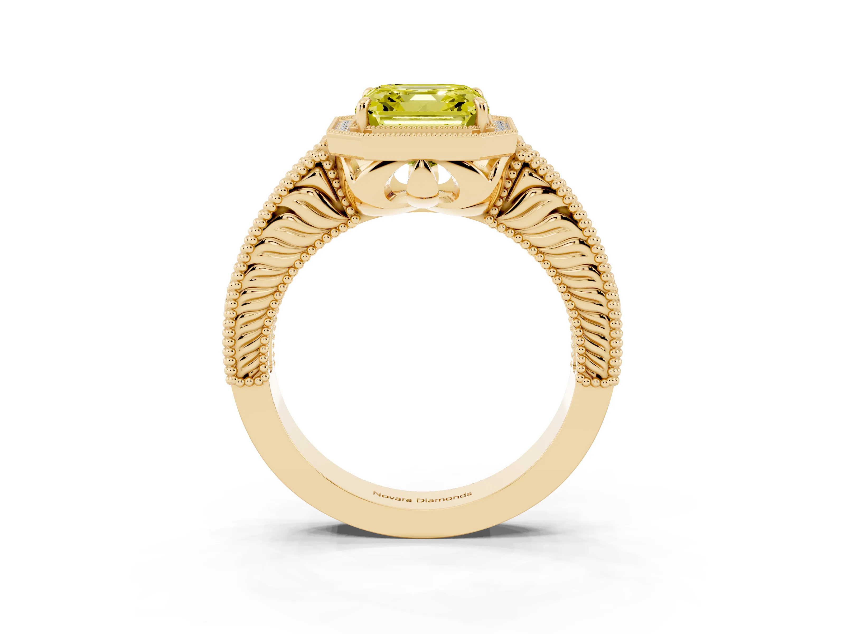Fancy Yellow Asscher Cut Diamond Halo Ring Set in Yellow gold with Round Accent Halo, Pavé Band and Prong Setting