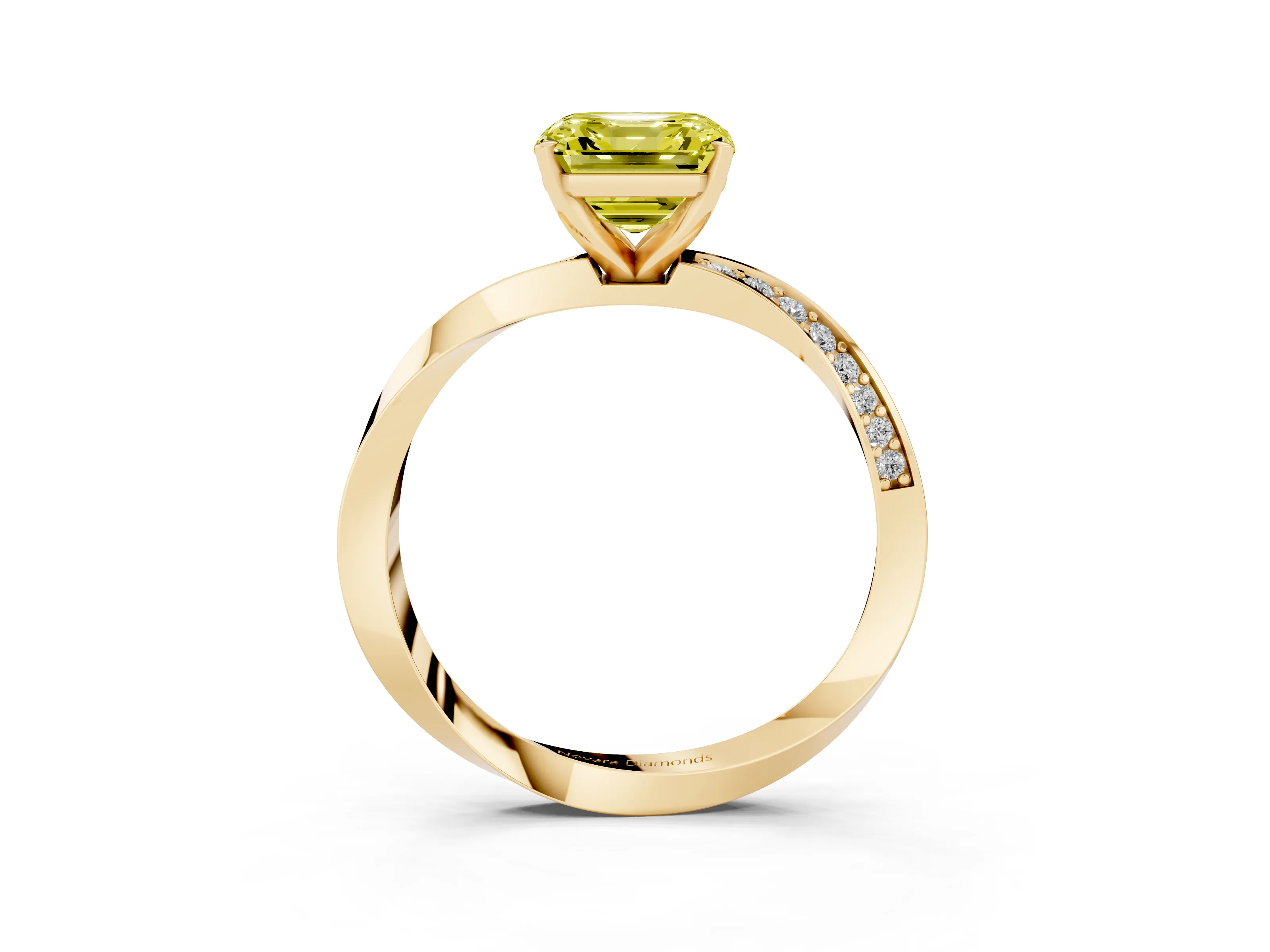 Fancy Yellow Asscher Cut Diamond Engagement Ring Set in Yellow gold with Side Stone Accents and Prong Setting