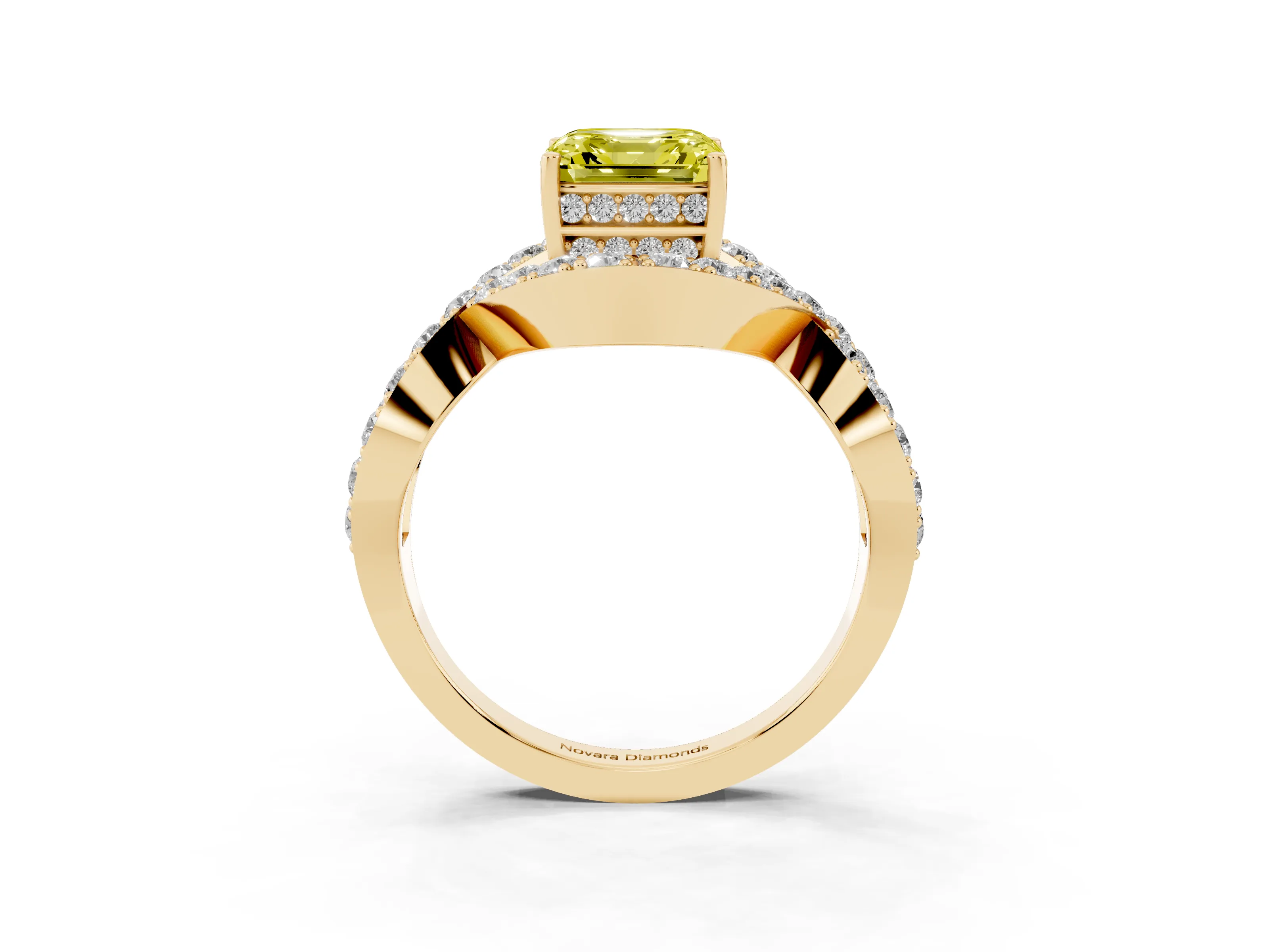 Fancy Yellow Asscher Cut Diamond Solitaire Twist Band Pavé Engagement Ring Set in Yellow gold