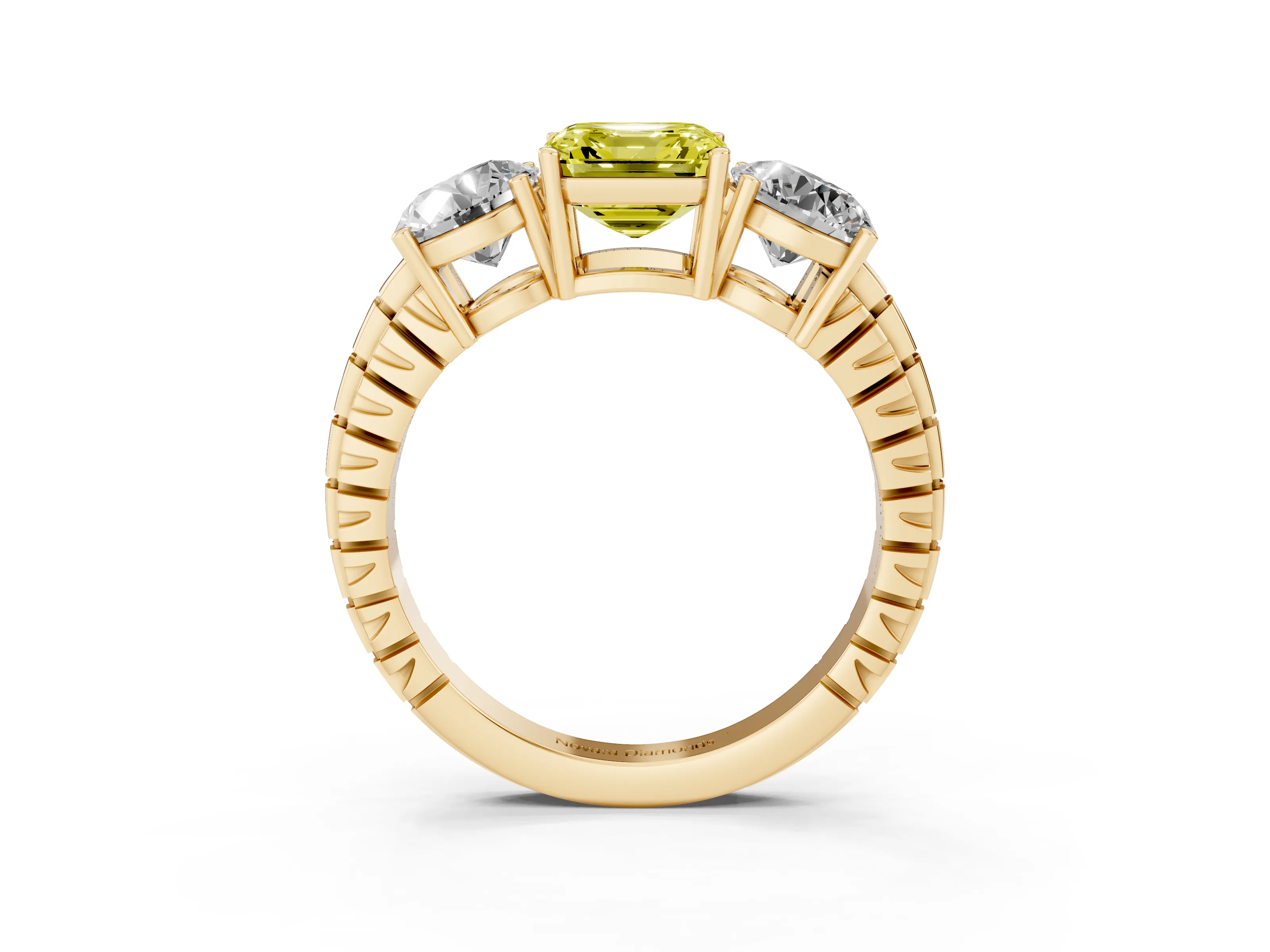 Fancy Yellow Asscher Cut Diamond Three-Stone Ring Set in Yellow gold with Channel-Set Accent Band