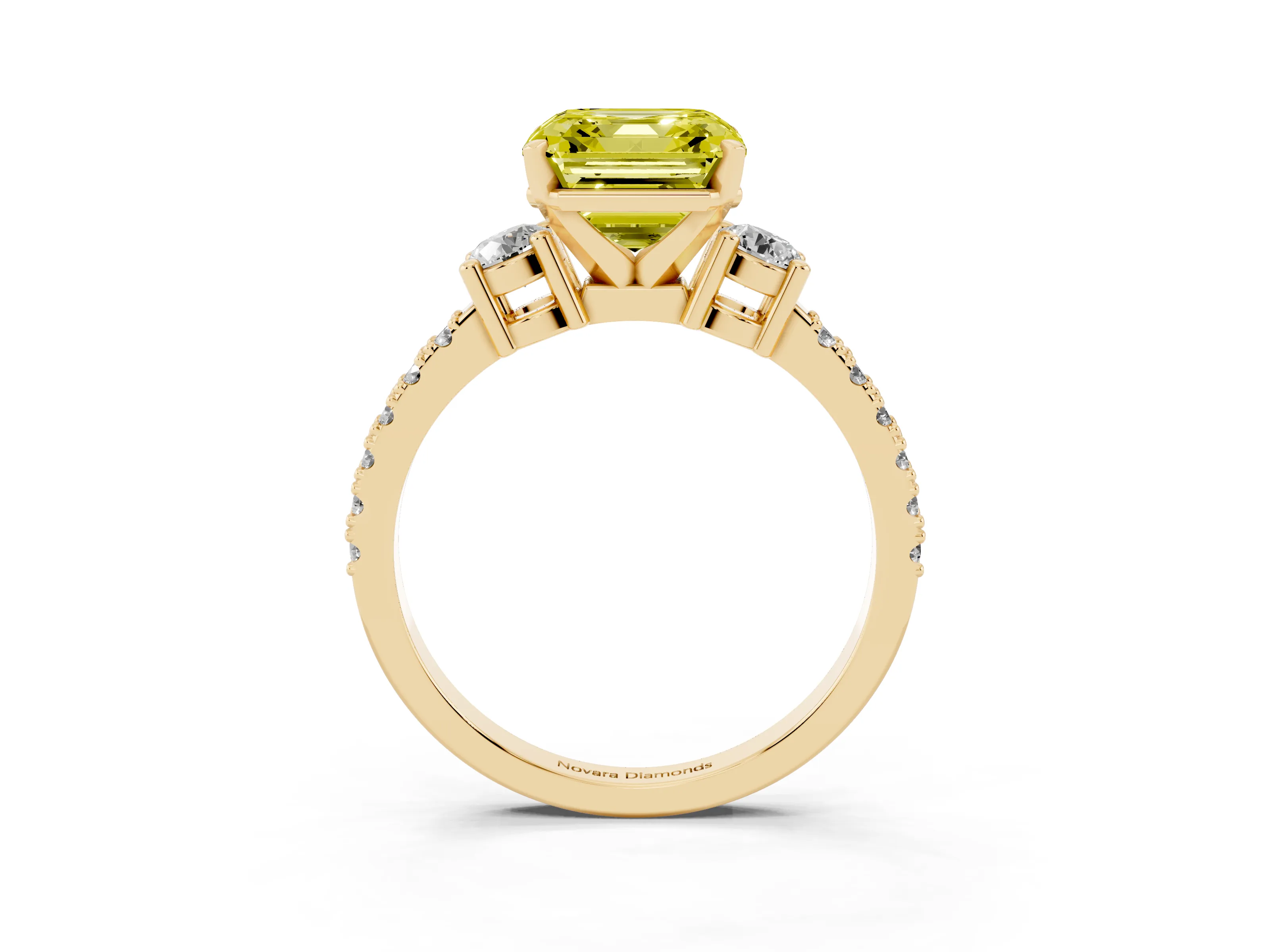 Fancy Yellow Three-Stone Asscher Cut Diamond Pavé Band Ring Set in Yellow gold with Prong Setting