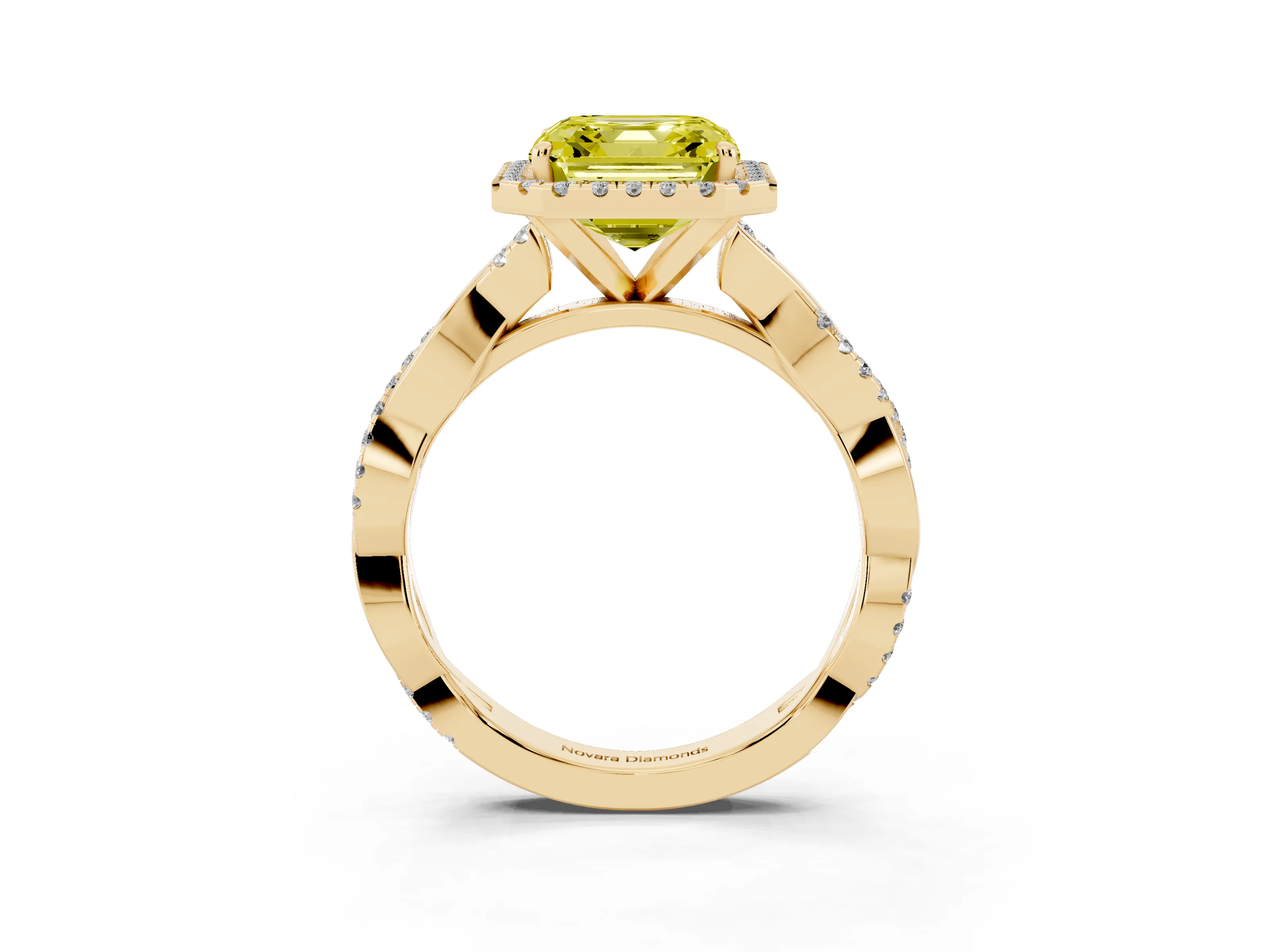 Fancy Yellow Asscher Cut Diamond Halo Twisted Band Ring Set in Yellow gold with Prong Setting