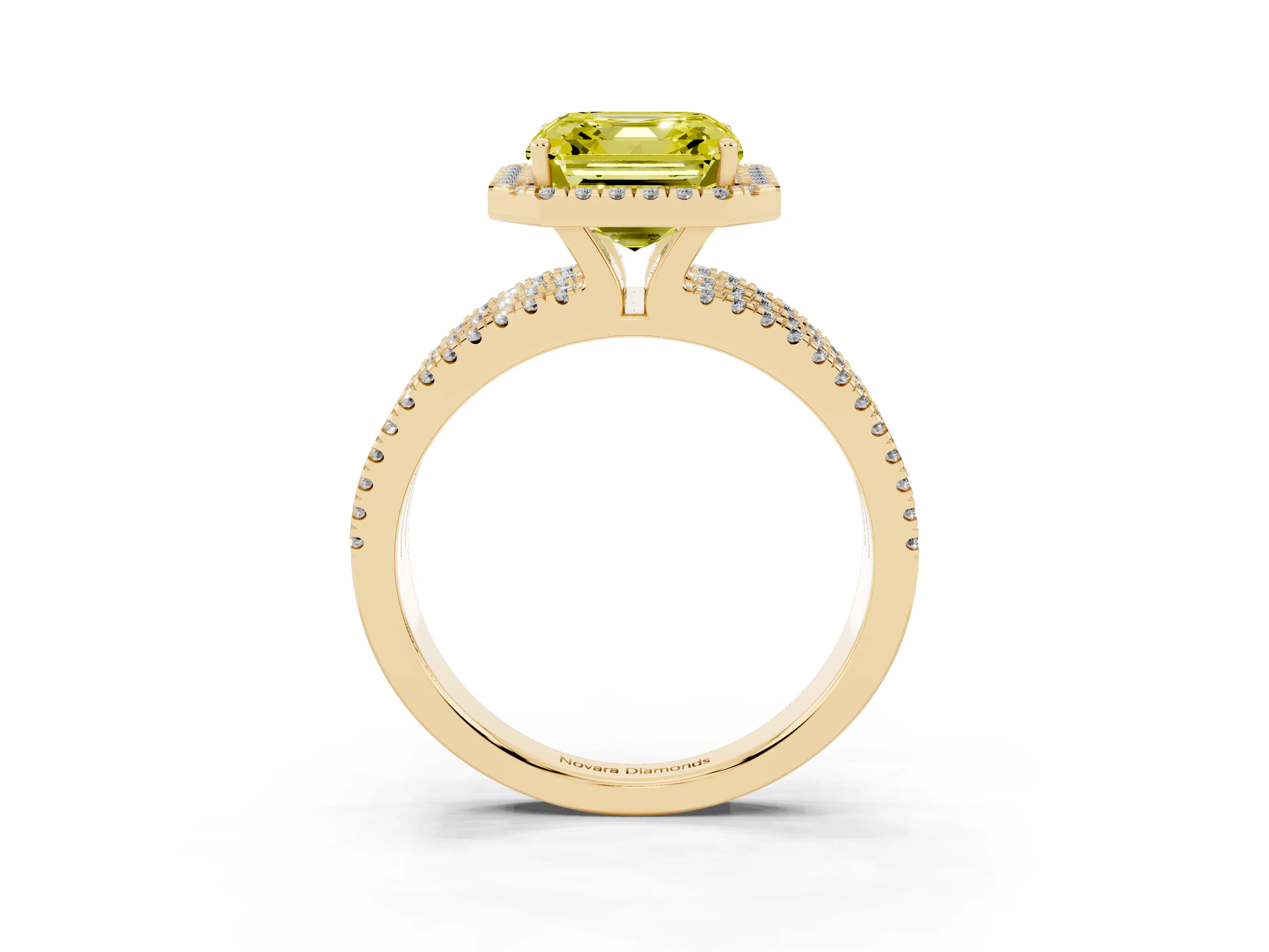 Fancy Yellow Asscher Cut Diamond Halo Split Shank Engagement Ring Set in Yellow gold with Prong Setting