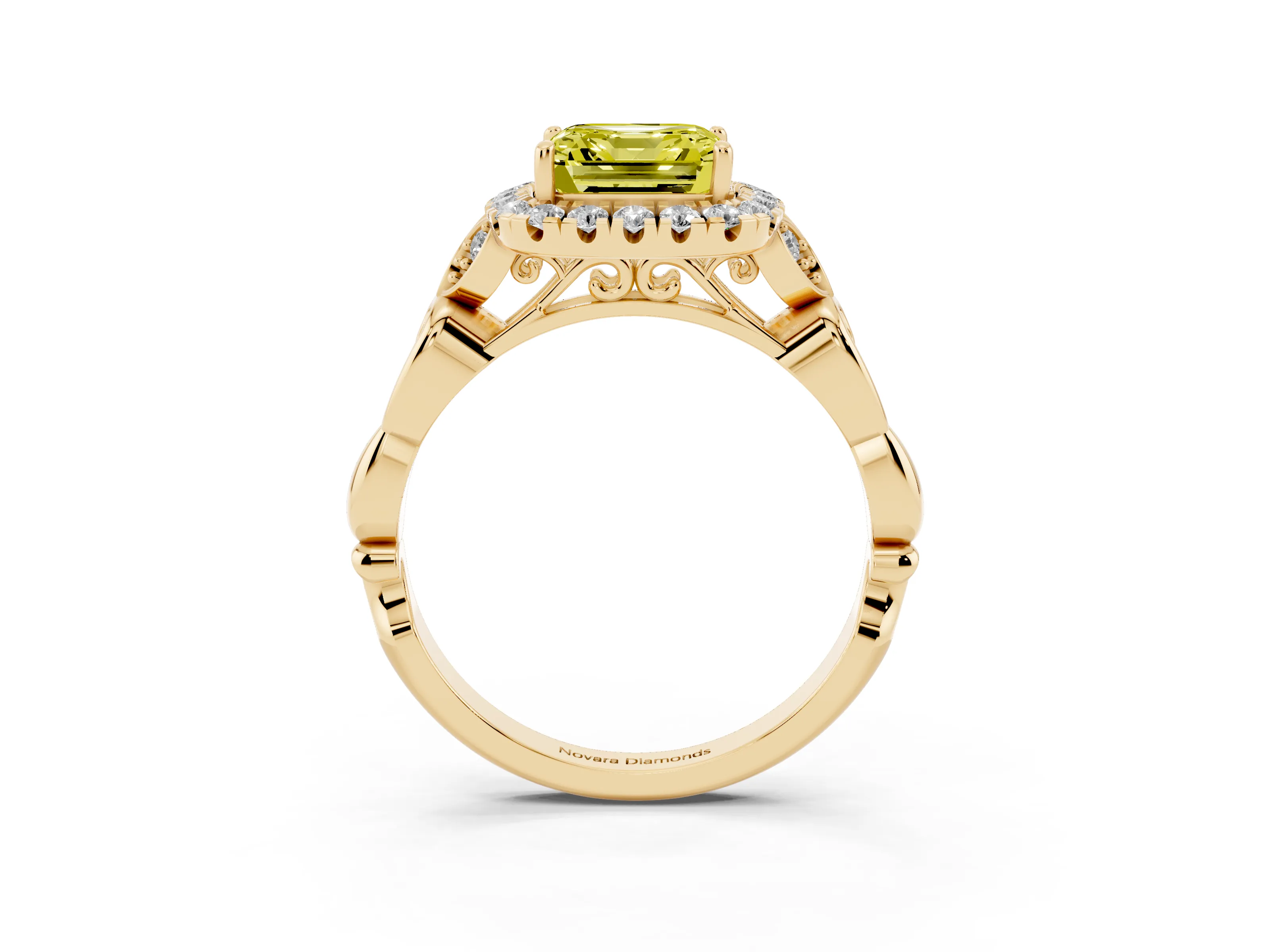 Fancy Yellow Asscher Cut Diamond Halo Engagement Ring Set in Yellow gold with Vintage-Inspired Band and Prong Setting