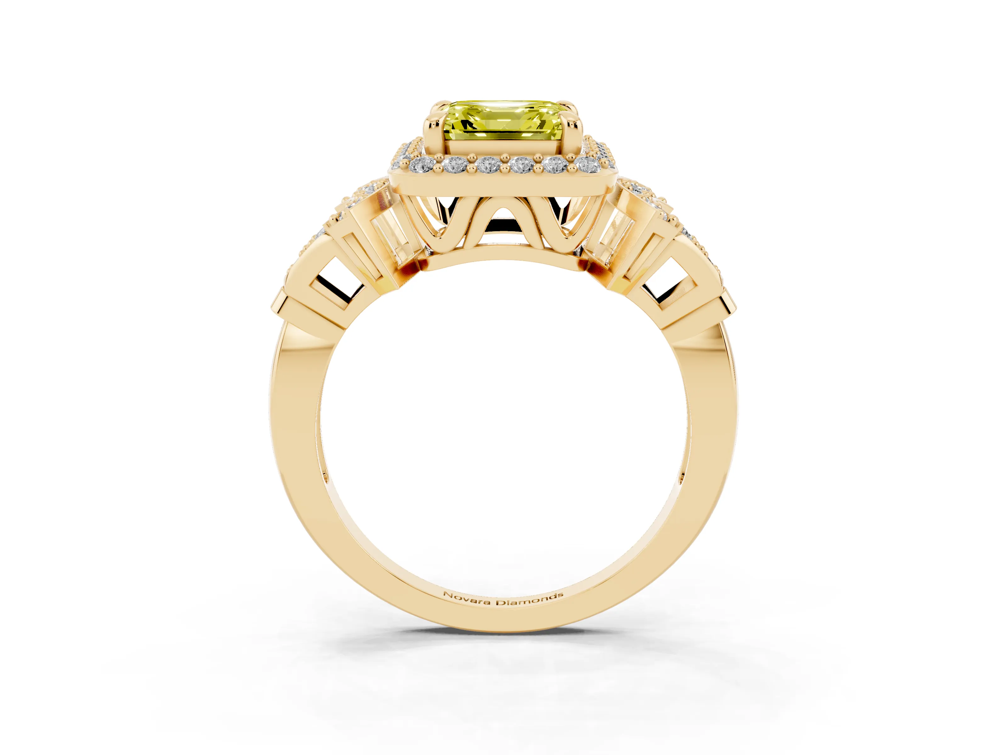 Fancy Yellow Asscher Cut Diamond Halo Engagement Ring Set in Yellow gold with Accent Stone Split Shank