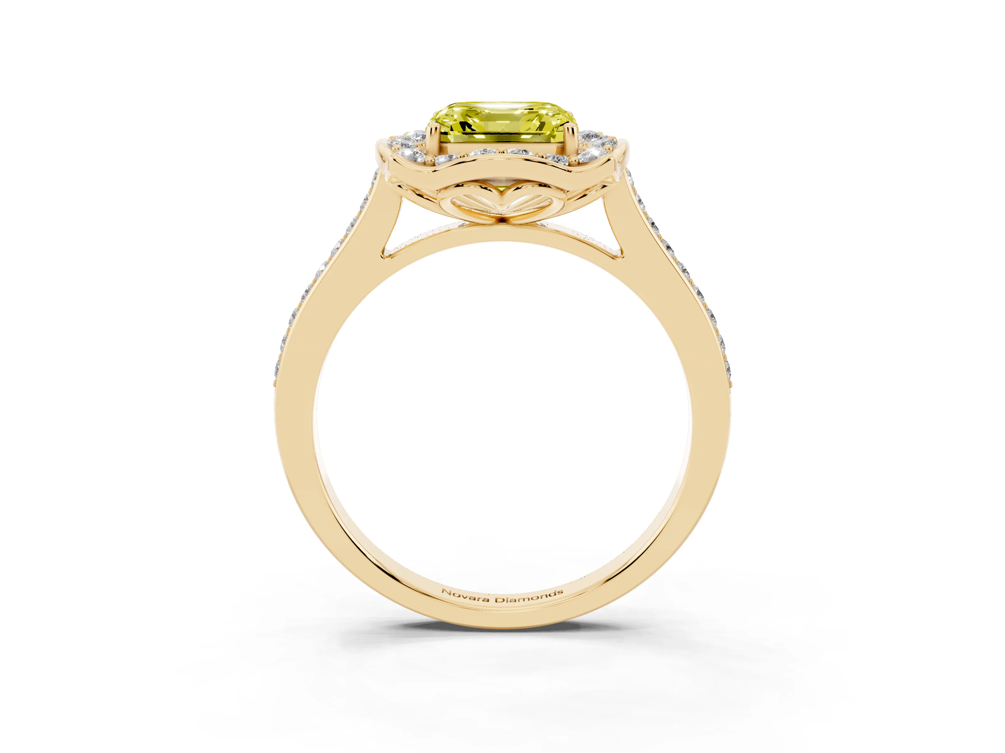 Fancy Yellow Asscher Cut Diamond Halo Ring Set in Yellow gold with Pavé-Lined Shoulders and Prong Setting