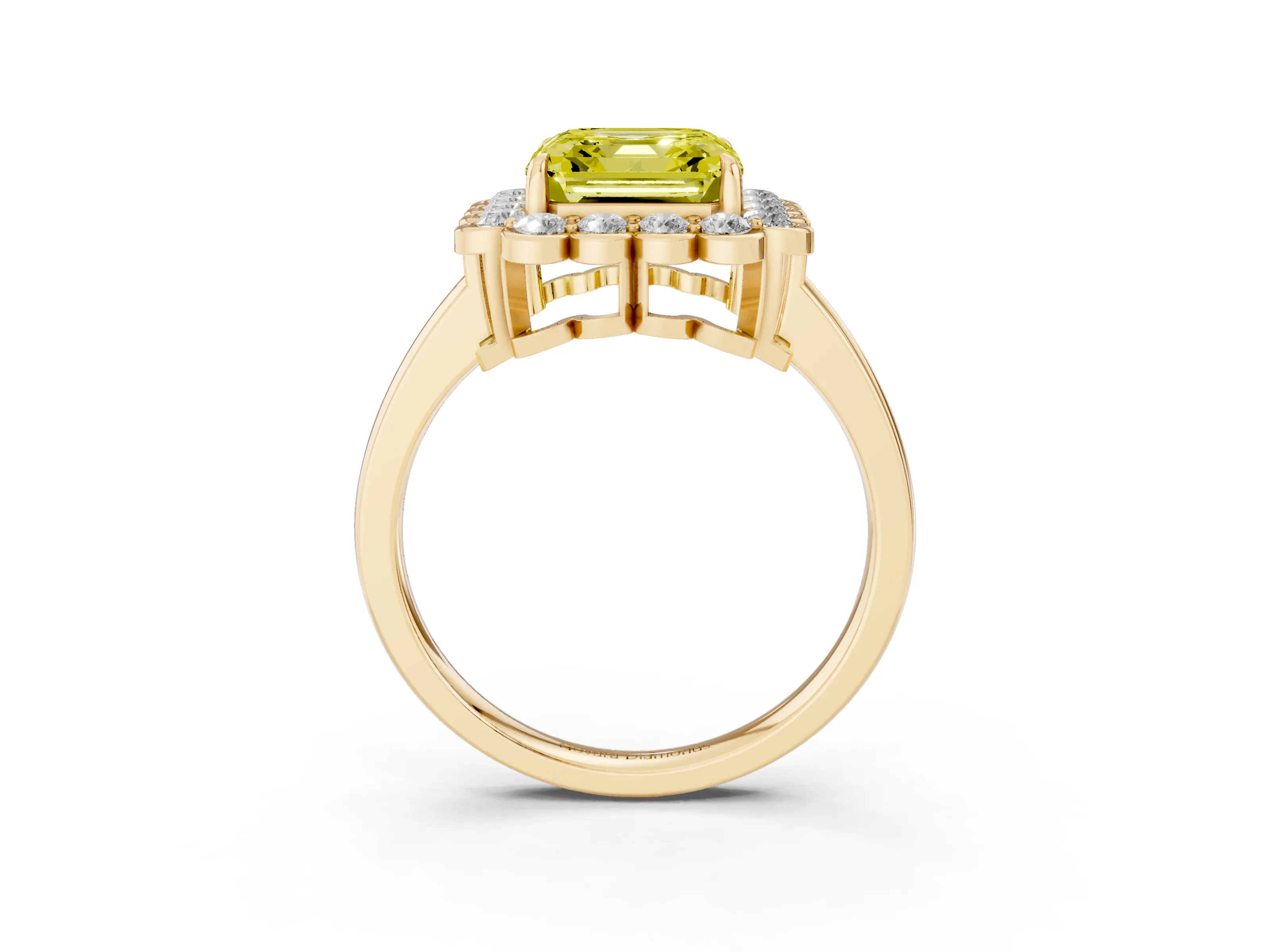Fancy Yellow Asscher Cut Diamond Halo Cluster Engagement Ring Set in Yellow gold with Solitaire Band and Prong Setting