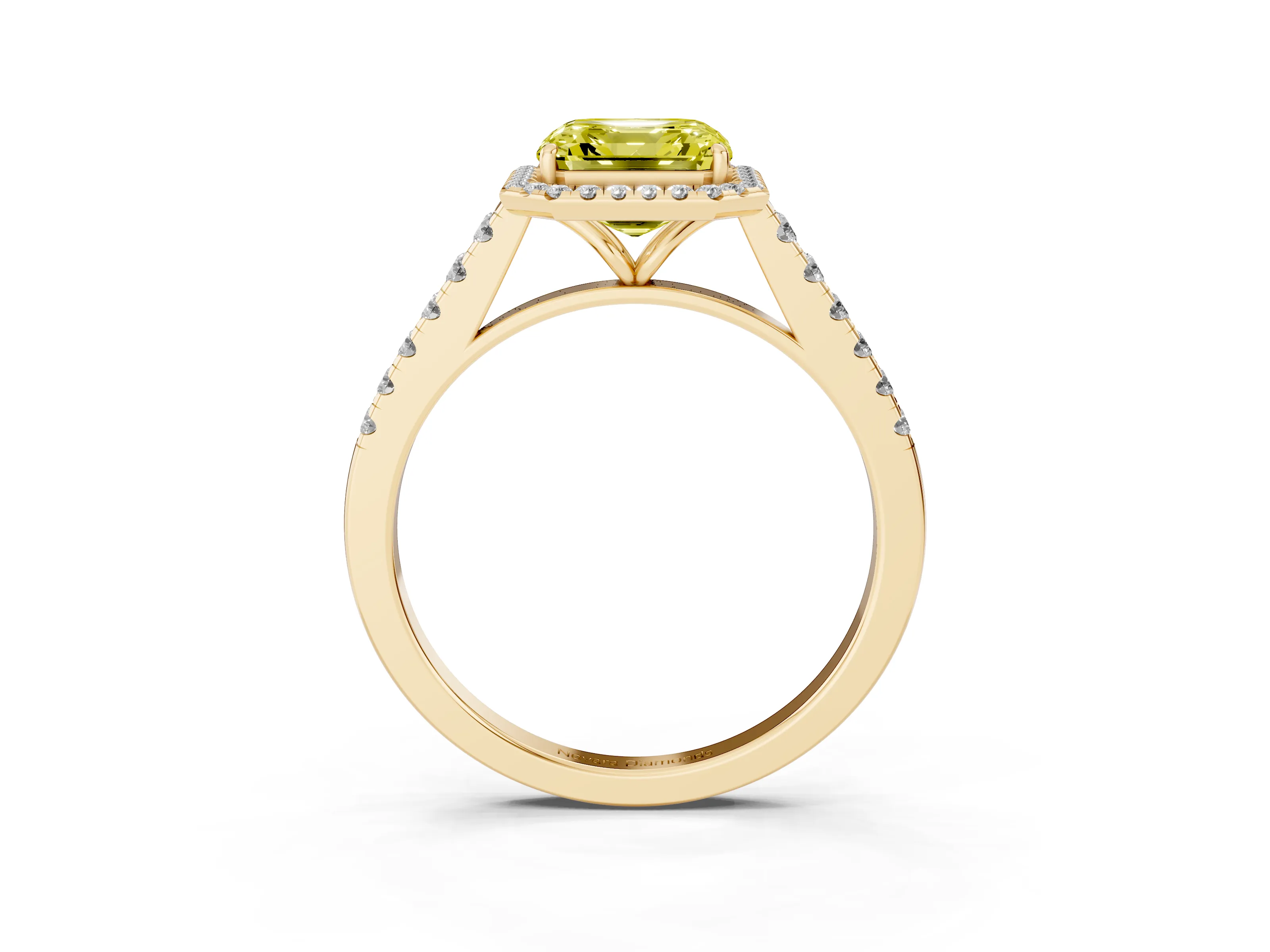 Fancy Yellow Asscher Cut Diamond Halo Pavé Engagement Ring Set in Yellow gold with Prong Setting