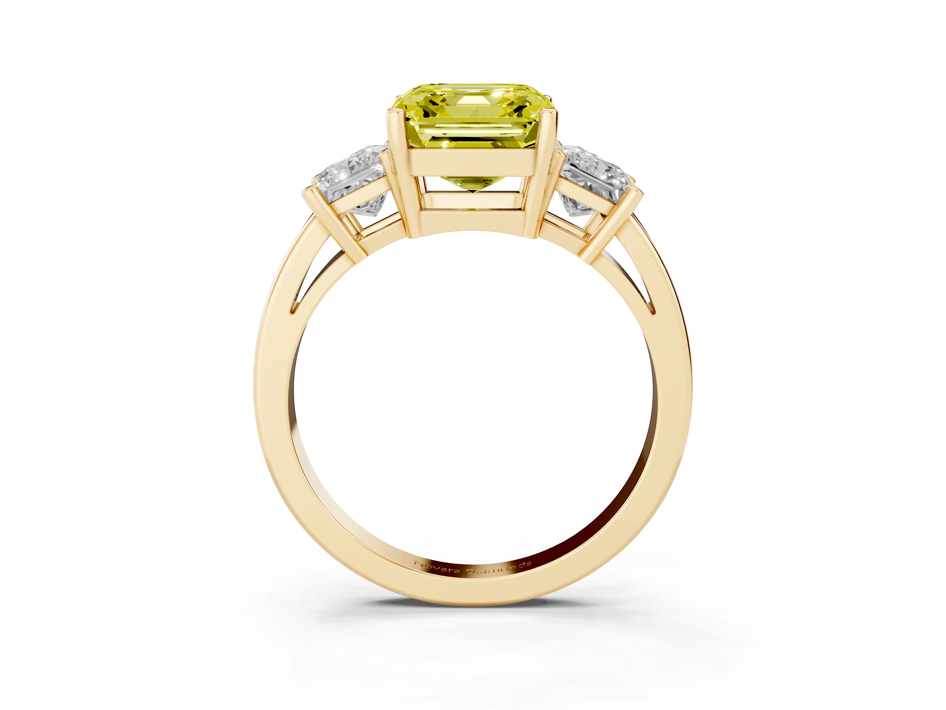 Fancy Yellow Three-Stone Asscher Cut Diamond Solitaire Ring Set in Yellow gold with Prong Setting