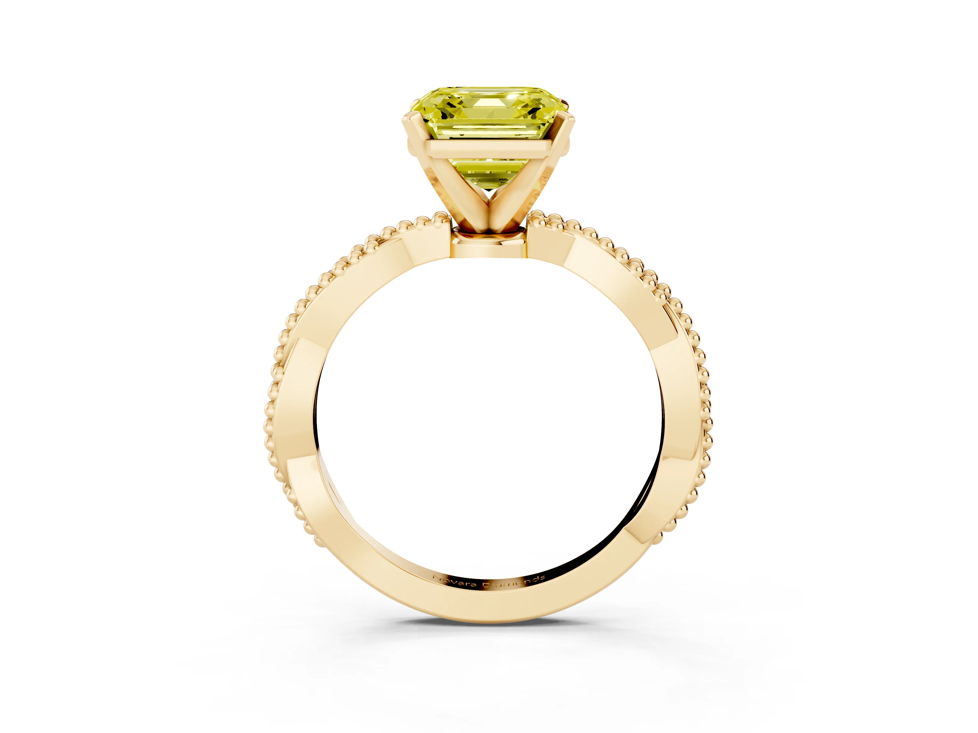 Fancy Yellow Asscher Cut Diamond Solitaire Ring Set in Yellow gold with Twisted Band and Bead Prong Setting