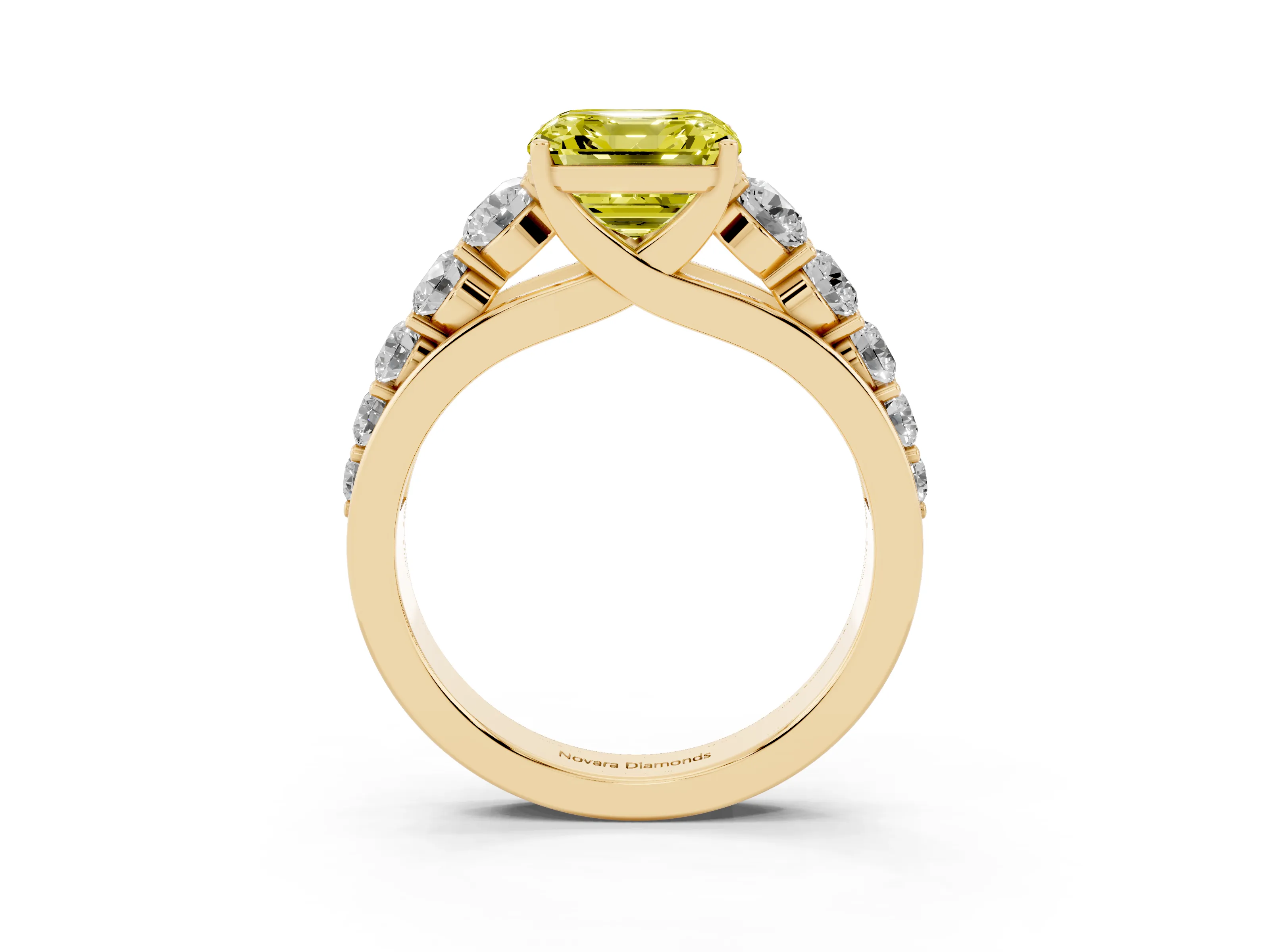 Fancy Yellow Asscher Cut Diamond Solitaire Ring Set in Yellow gold with Pavé-Set Band and Prong Setting