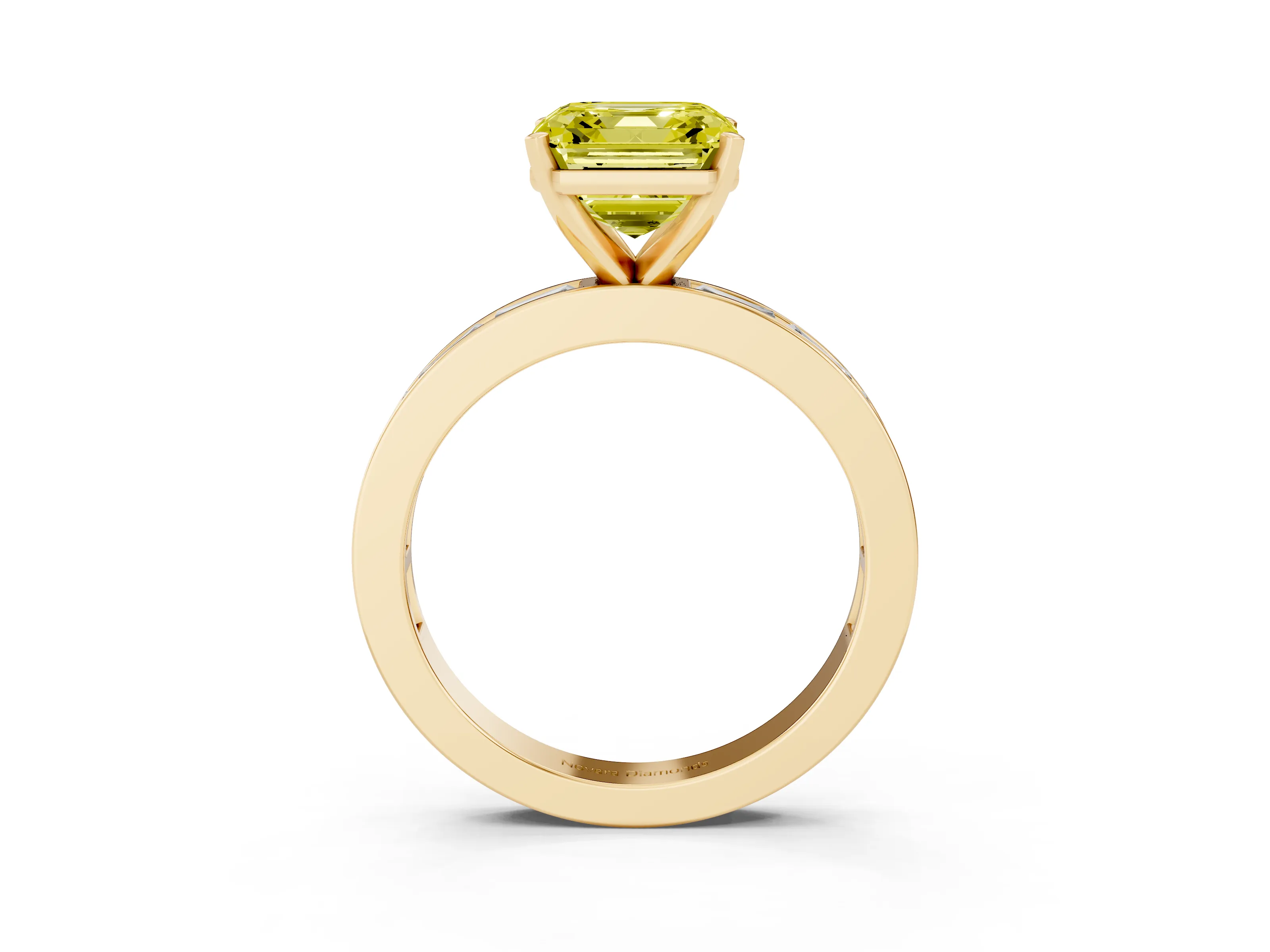 Fancy Yellow Asscher Cut Diamond Solitaire Ring Set in Yellow gold with Channel-Set Baguette Band and Prong Setting