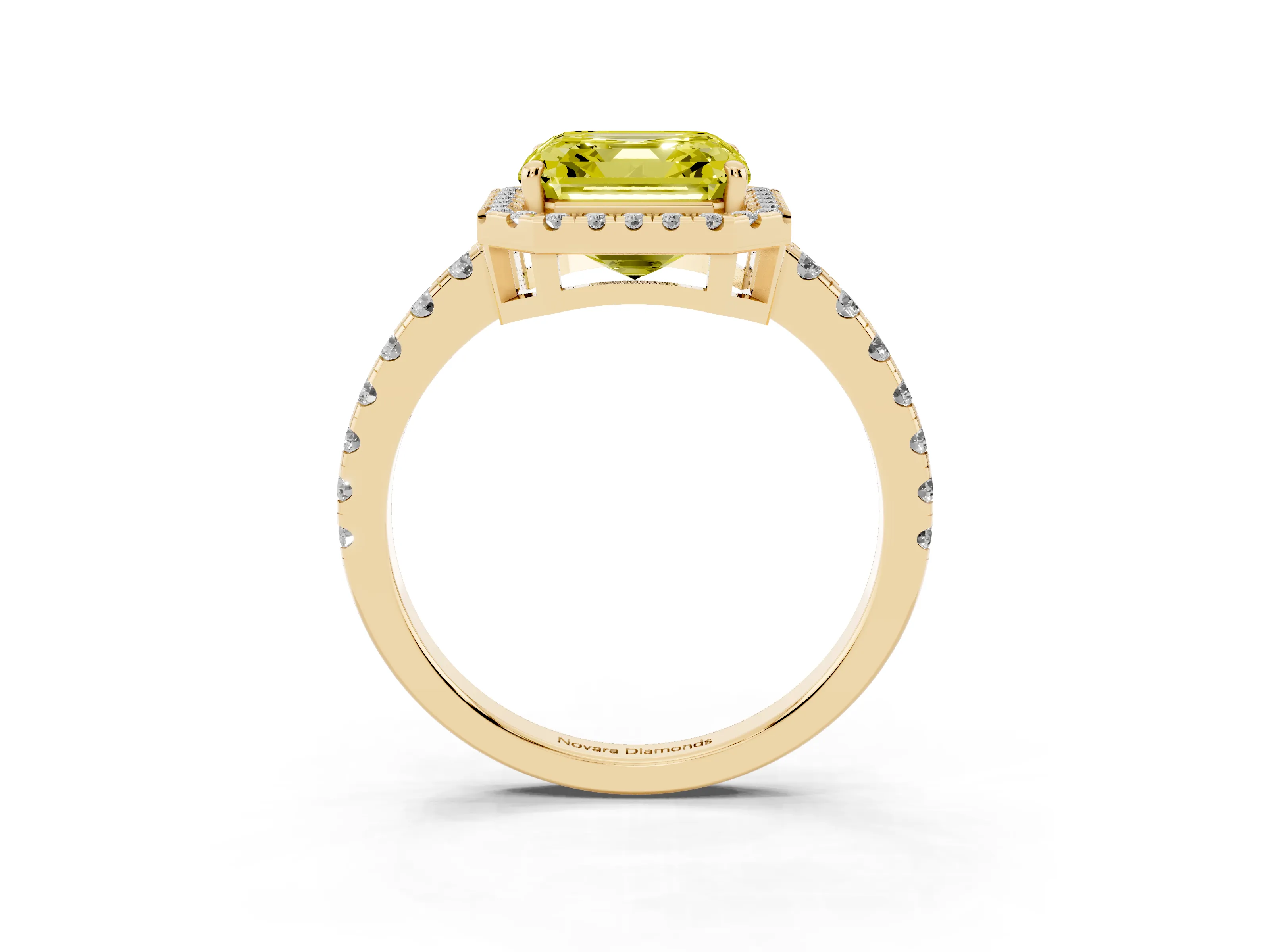 Fancy Yellow Asscher Cut Diamond Halo Ring Set in Yellow gold with Delicate Pavé Band and Prong Setting