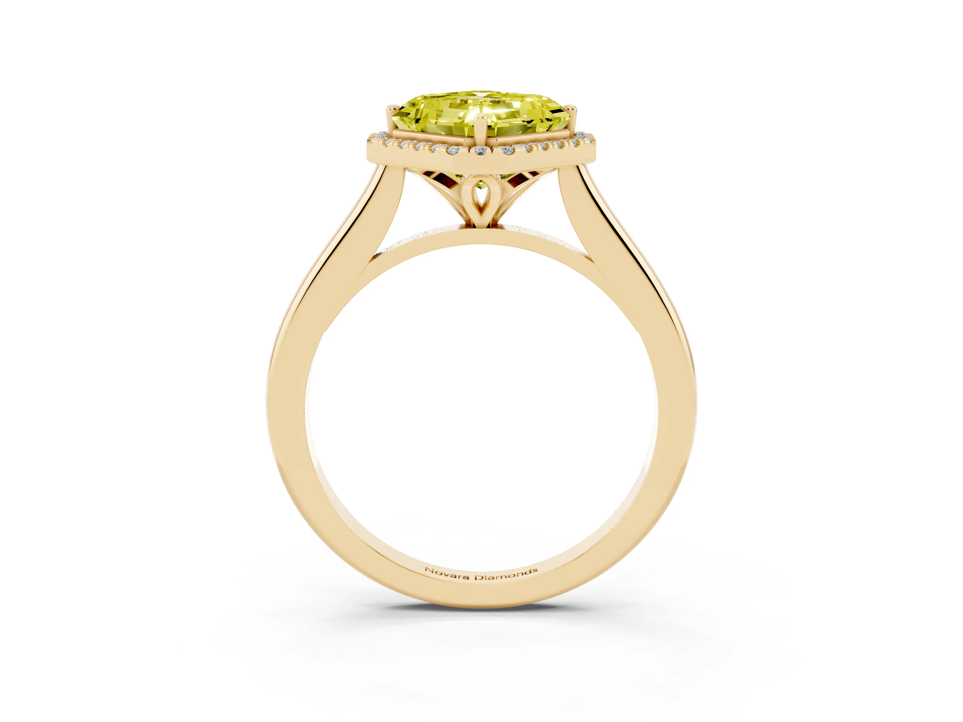 Fancy Yellow Asscher Cut Diamond Halo Engagement Ring Set in Yellow gold with Pavé Band and Rising Shoulders