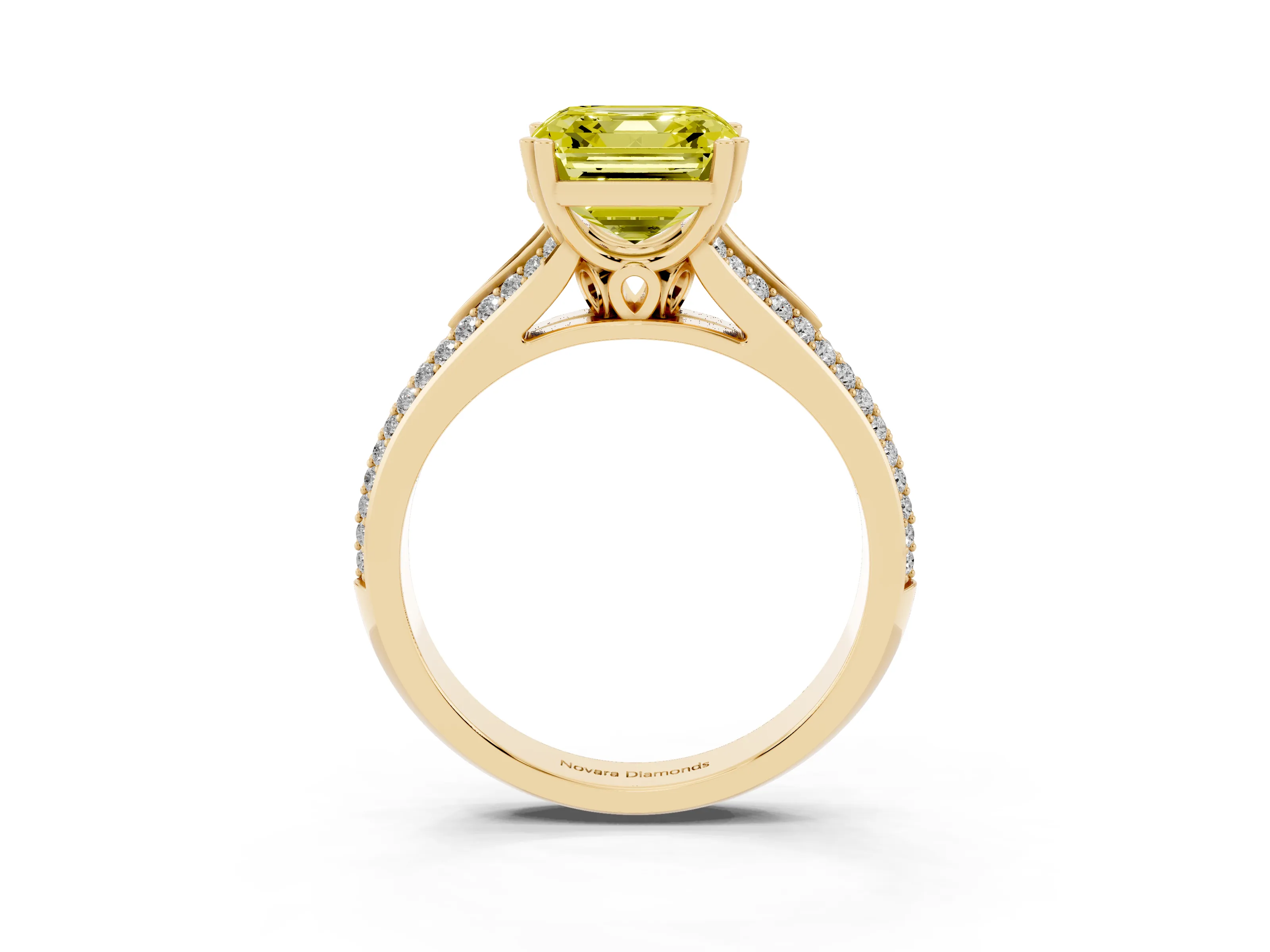 Fancy Yellow Asscher Cut Diamond Split Shank Pavé Engagement Ring Set in Yellow gold with Prong-Set Center Stone