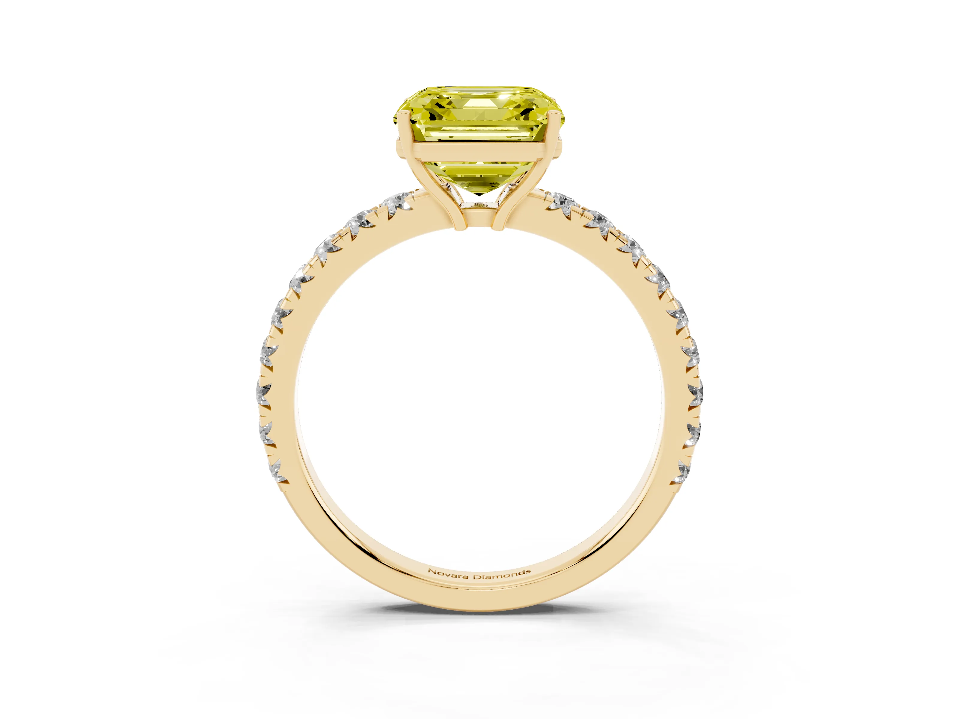 Fancy Yellow Asscher Cut Diamond Pavé Solitaire Engagement Ring Set in Yellow gold with Prong Setting