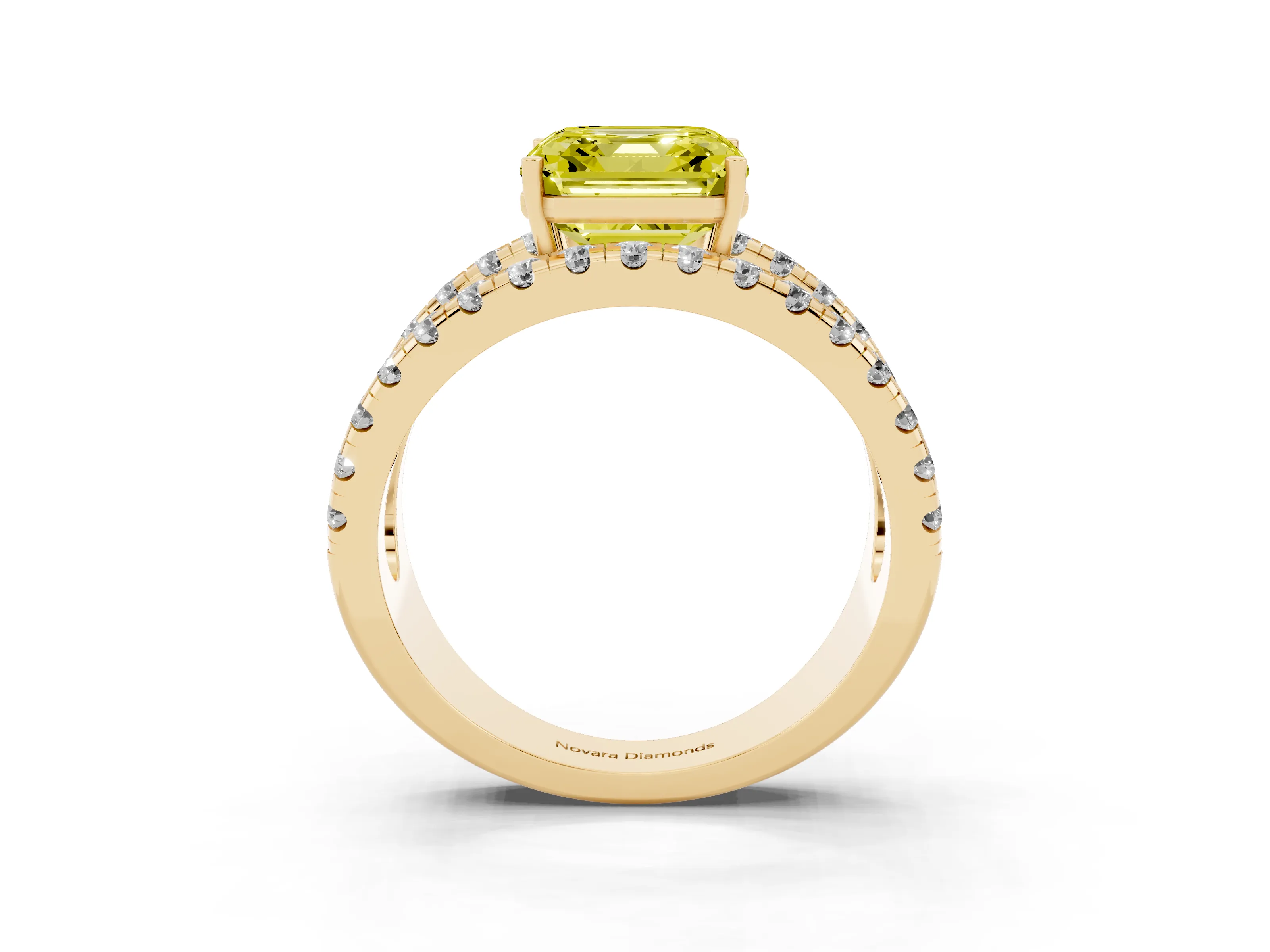 Fancy Yellow Asscher Cut Diamond Split Shank Pavé Solitaire Ring Set in Yellow gold with Open Shank Design
