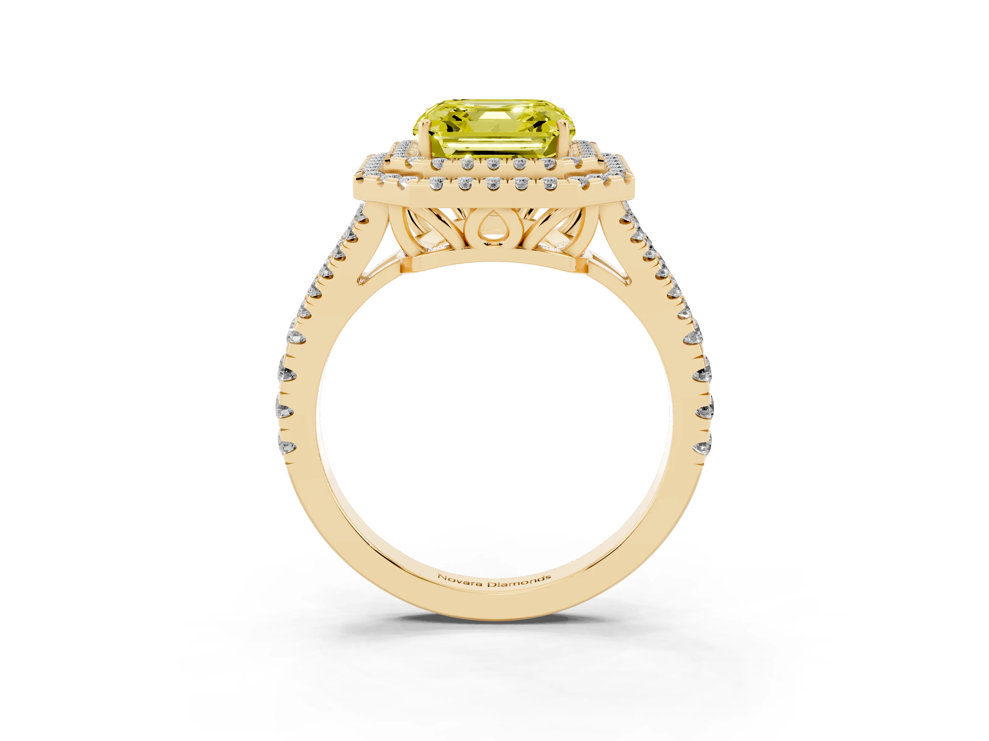 Fancy Yellow Asscher Cut Diamond Double Halo Ring Set in Yellow gold with Pavé Band