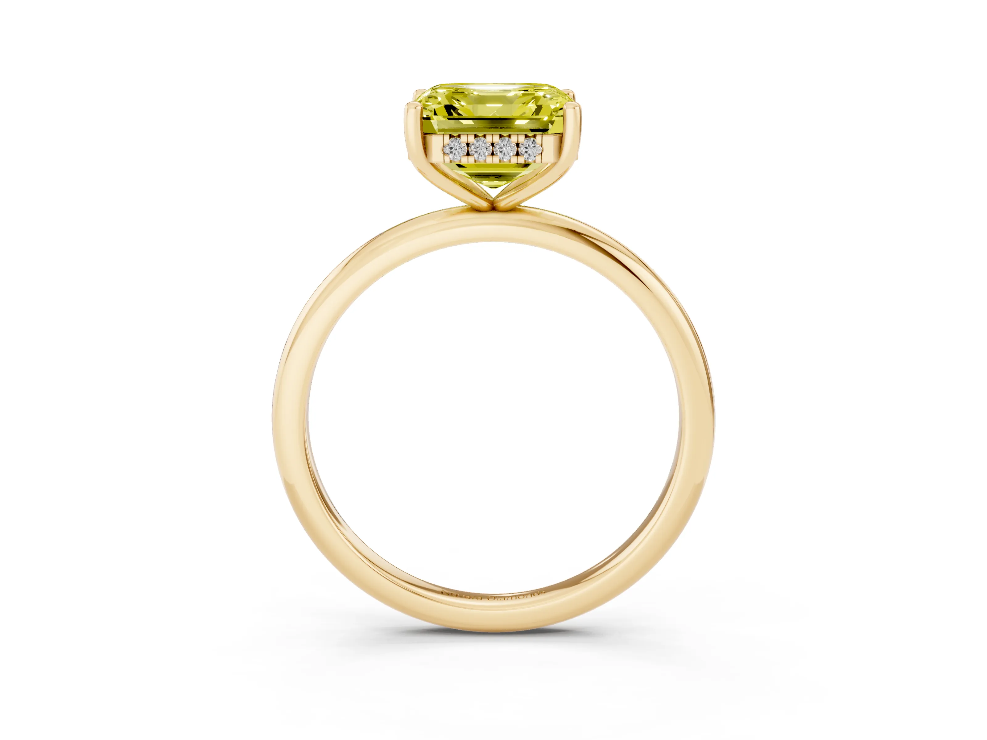 Fancy Yellow Asscher Cut Diamond Solitaire Engagement Ring Set in Yellow gold with Prong Setting and Polished Band
