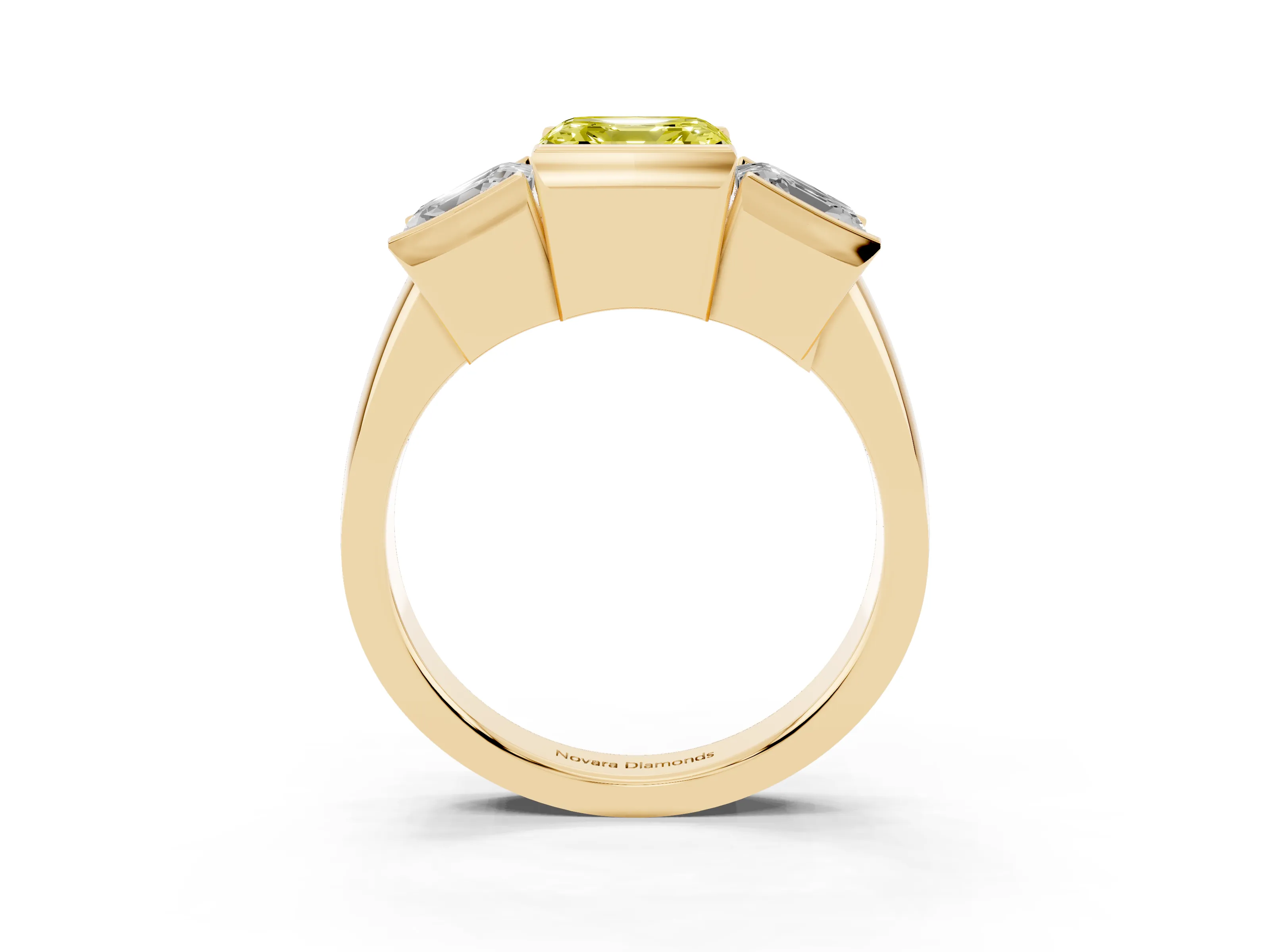 Fancy Yellow Asscher Cut Diamond Three-Stone Channel Set Ring Set in Yellow gold with Smooth Polished Band