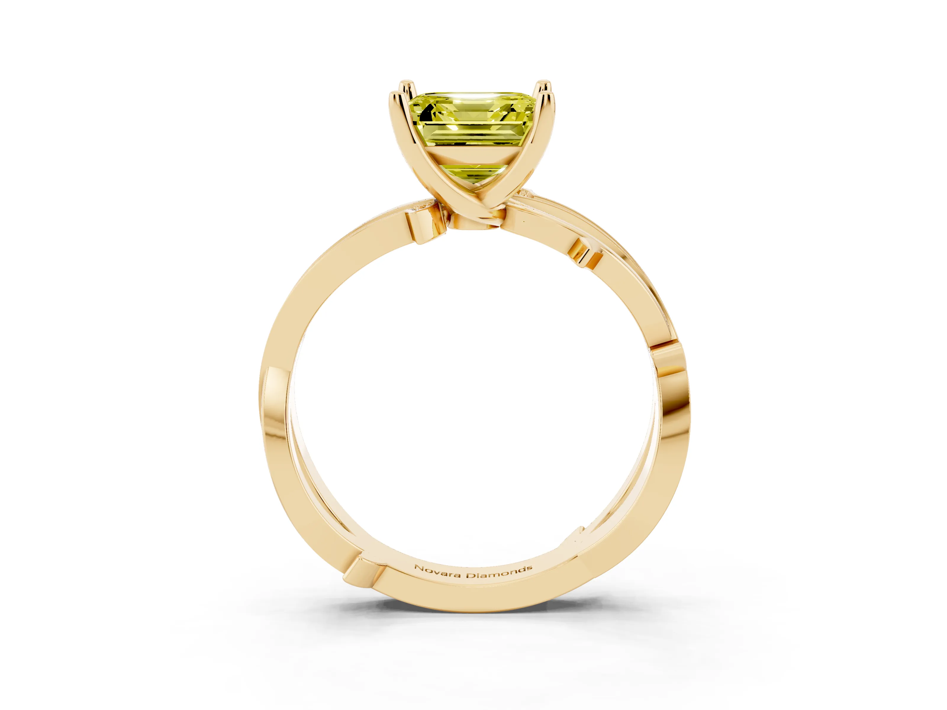 Fancy Yellow Asscher Cut Diamond Pavé Twist Band Solitaire Ring Set in Yellow gold with Prong Setting