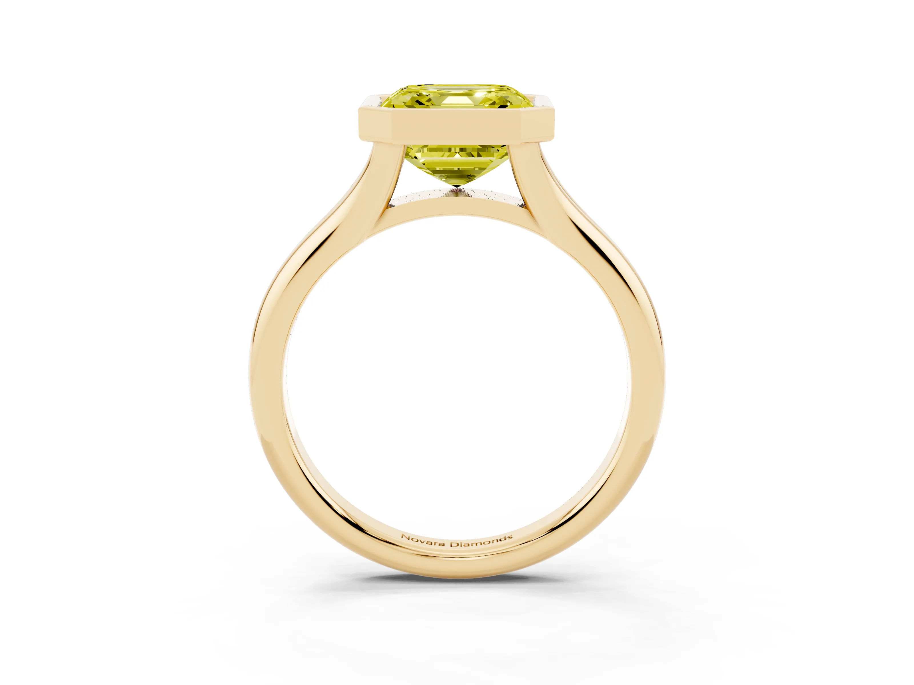 Fancy Yellow Bezel Set Asscher Cut Diamond Solitaire Ring Set in Yellow gold with Smooth Band