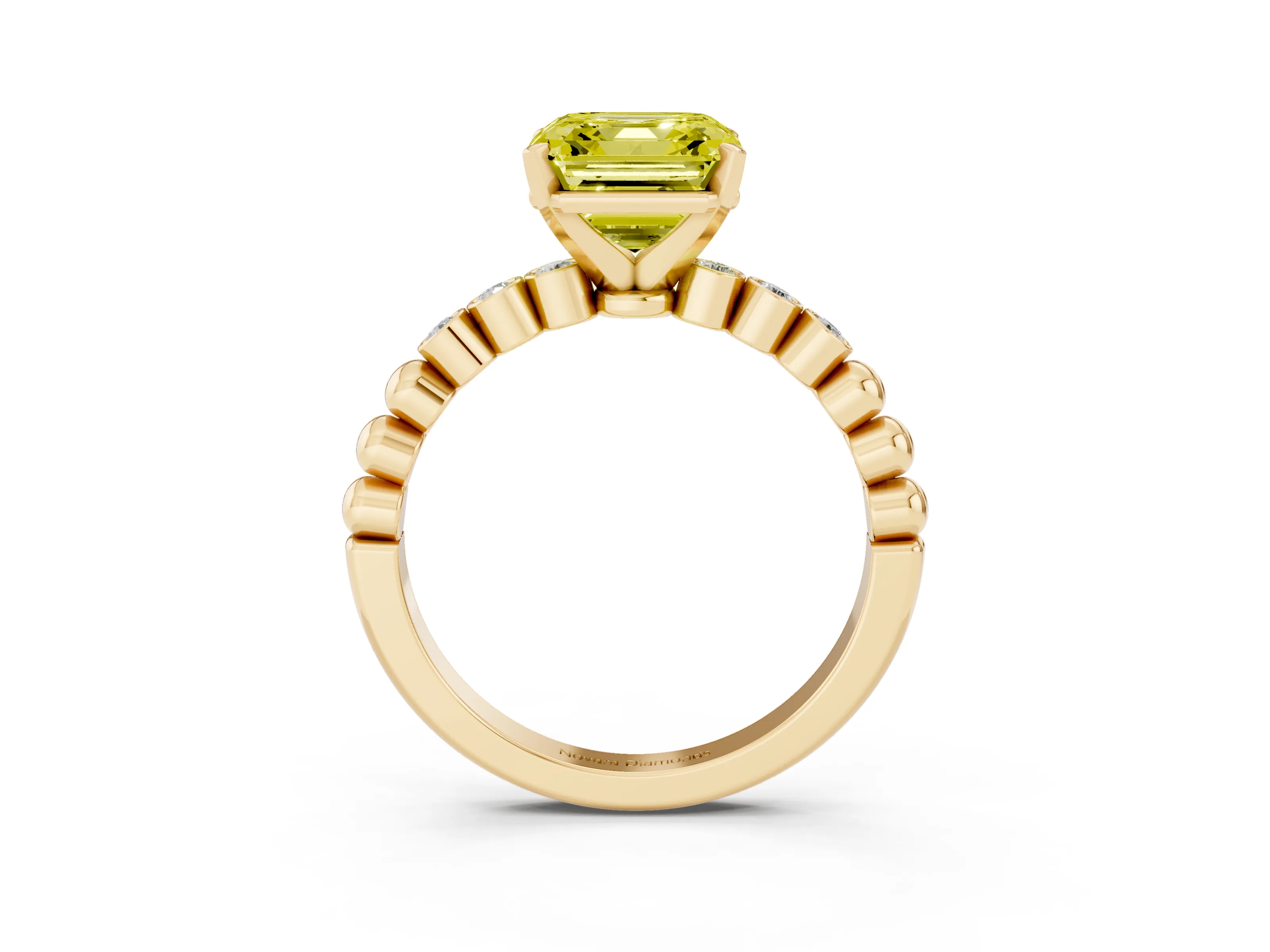 Fancy Yellow Asscher Cut Diamond Solitaire Engagement Ring Set in Yellow gold with Bezel Accents on Beaded Band