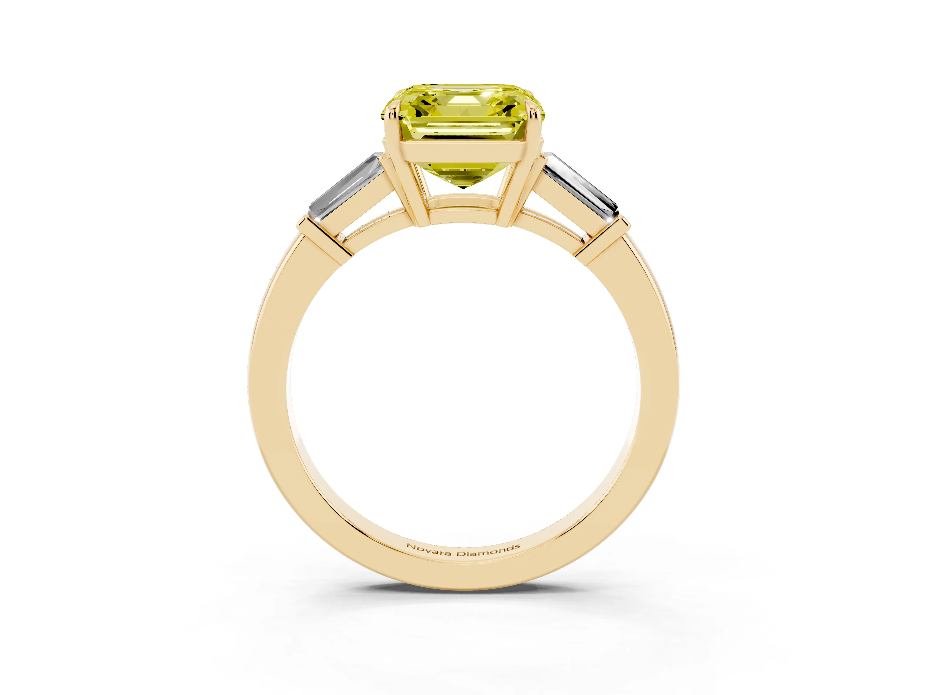 Fancy Yellow Asscher Cut Diamond Three-Stone Ring Set in Yellow gold with Tapered Baguette Side Stones and Prong Setting
