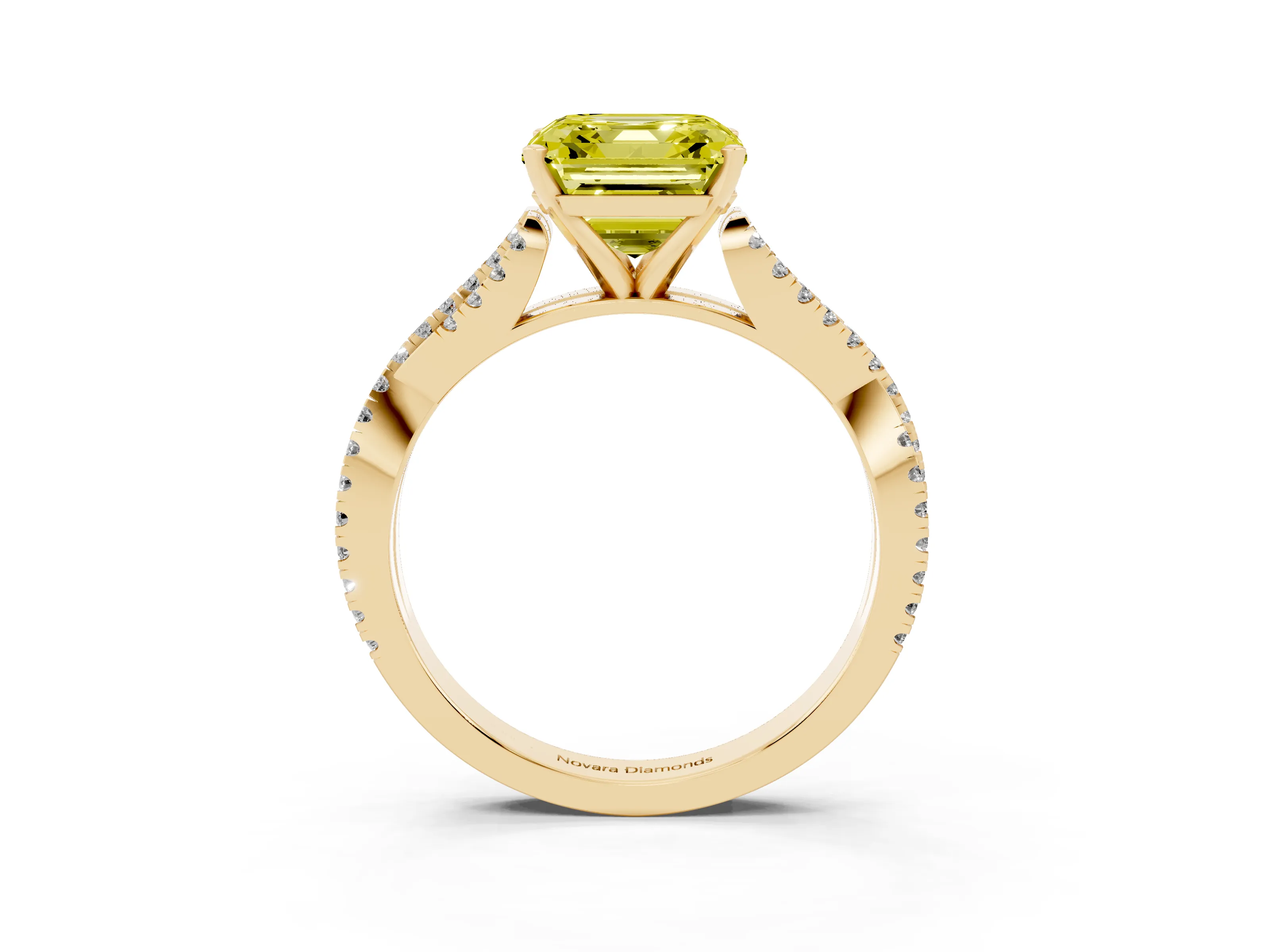 Fancy Yellow Asscher Cut Diamond Solitaire Engagement Ring Set in Yellow gold with Twisted Pavé Band and Prong Setting