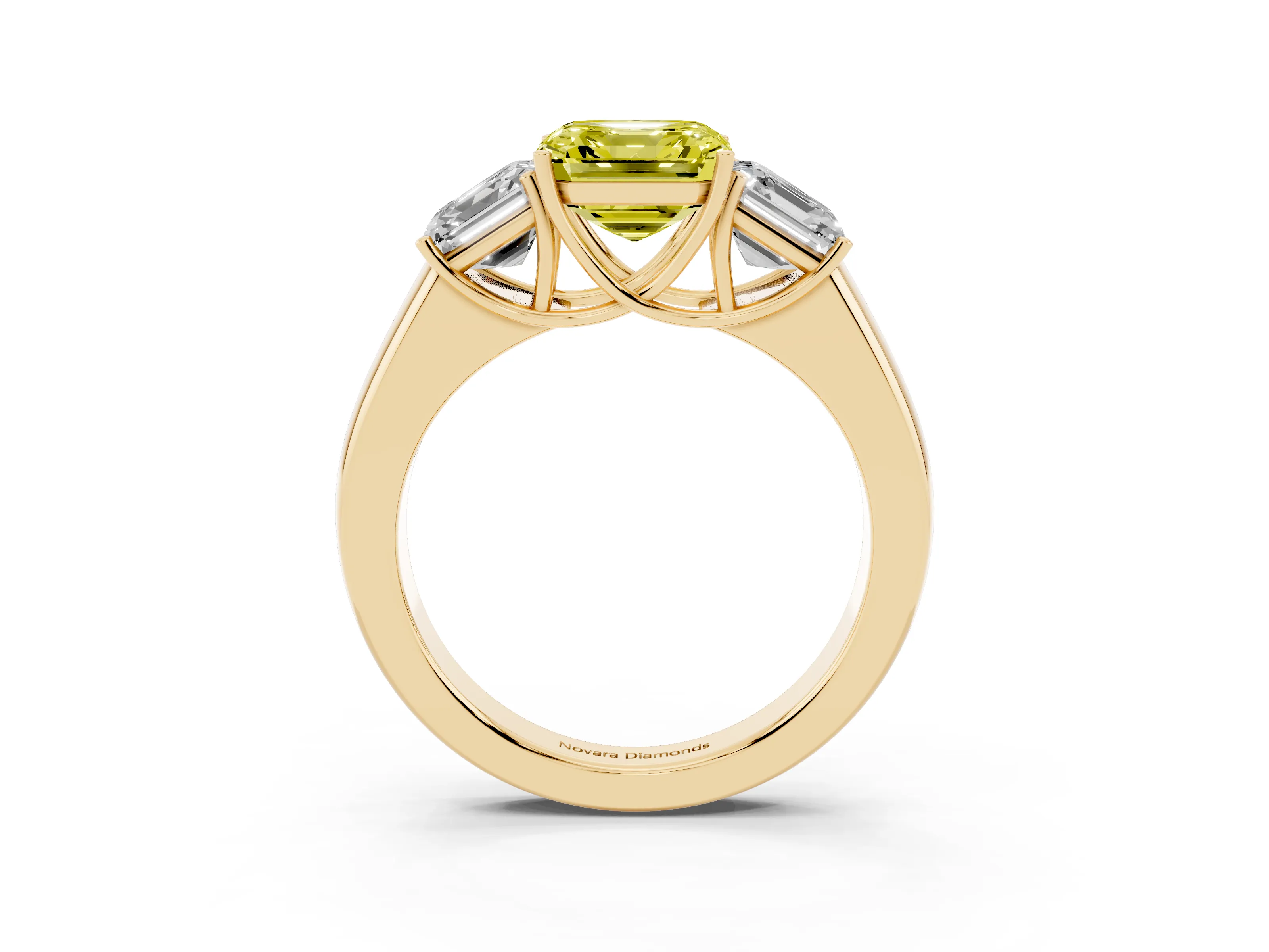 Fancy Yellow Three-Stone Asscher Cut Diamond Ring Set in Yellow gold with Matching Prong Settings and Plain Band