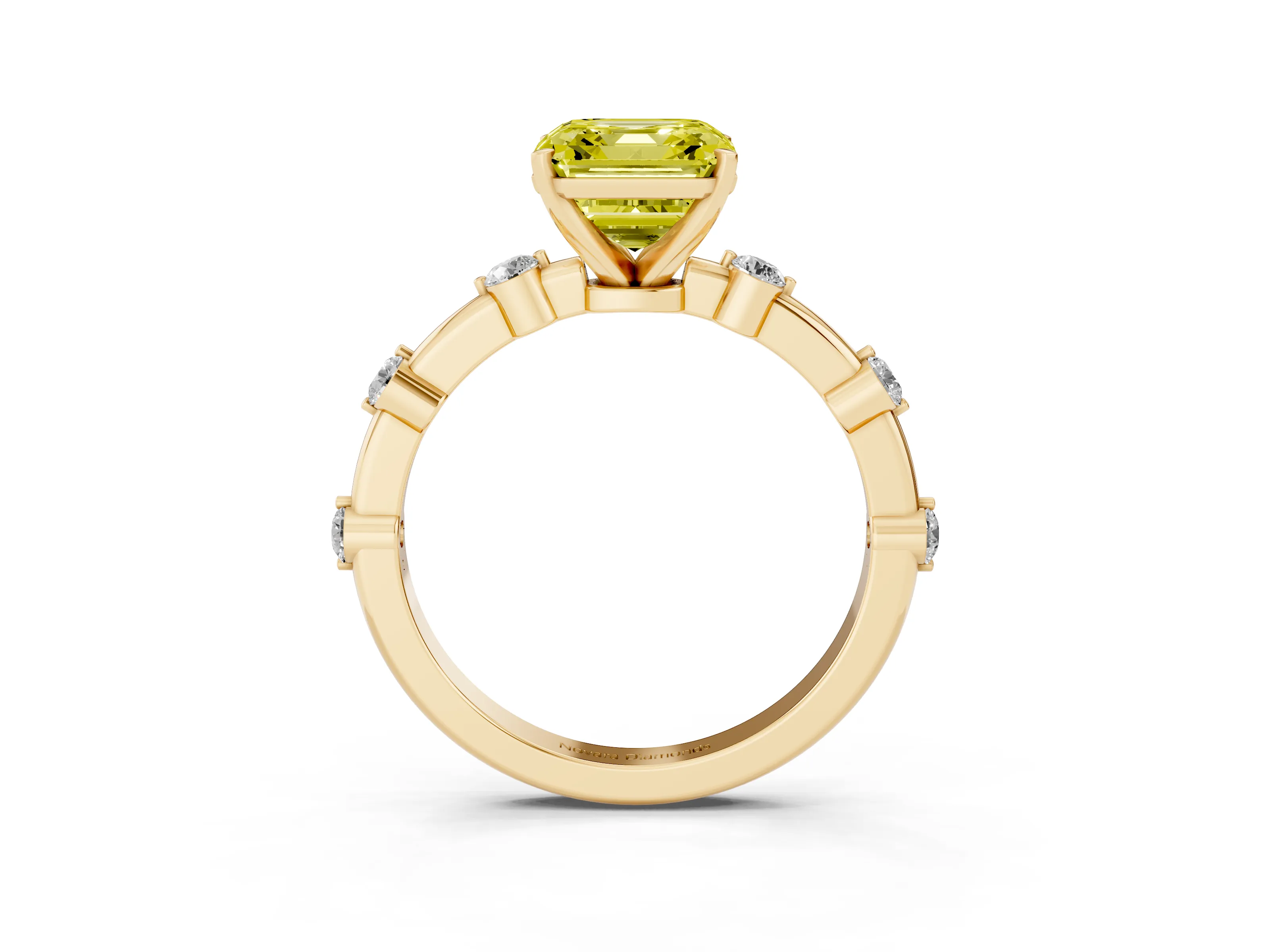 Fancy Yellow Asscher Cut Diamond Solitaire Ring Set in Yellow gold with Bezel Set Side Stones and Prong Setting